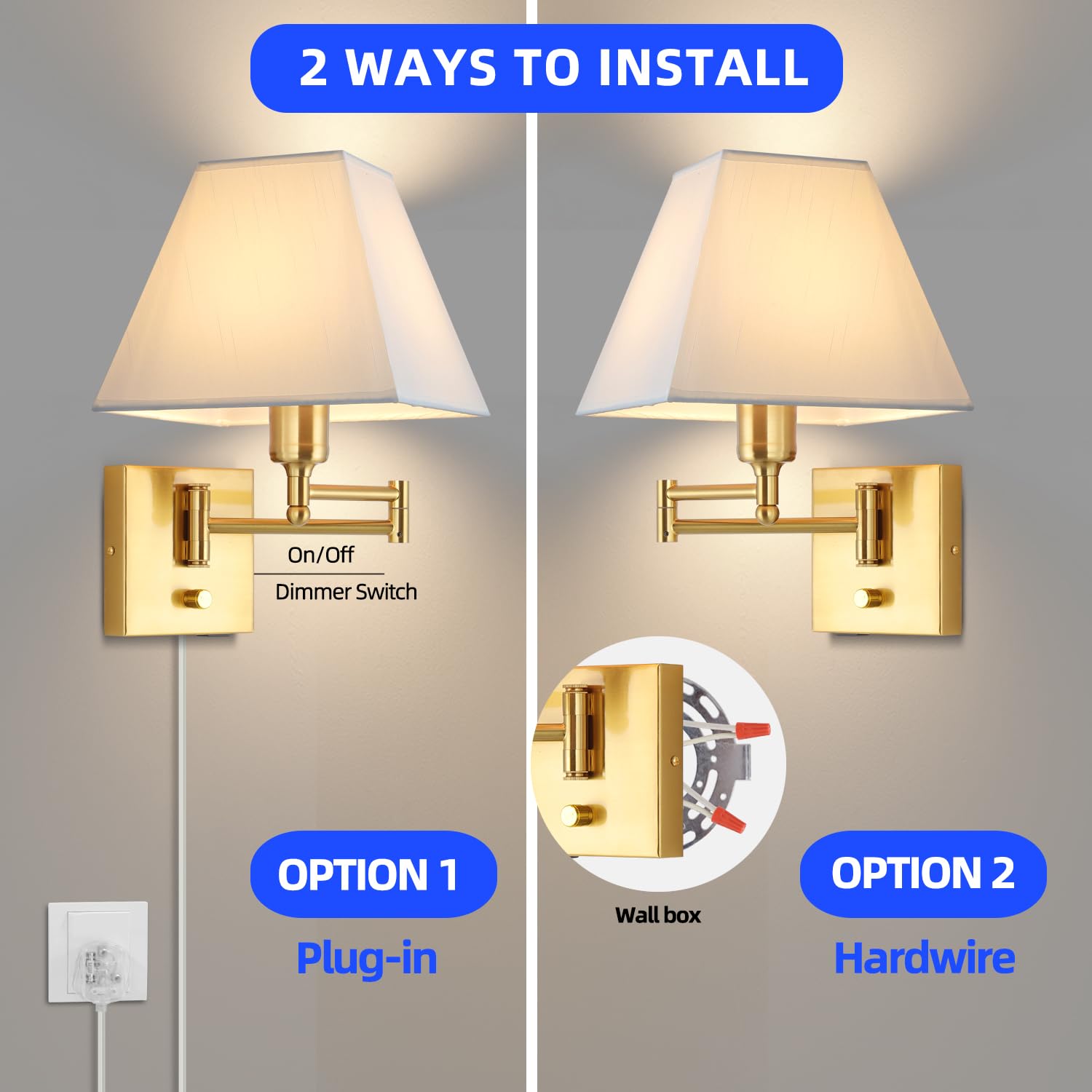 Plug in Wall Light,Swing Arm Wall Sconces with USB Port and Outlet,Wall Lamp with White Fabric Shade Dimmable Switch for Bedroom, Living Room , Office Nickel