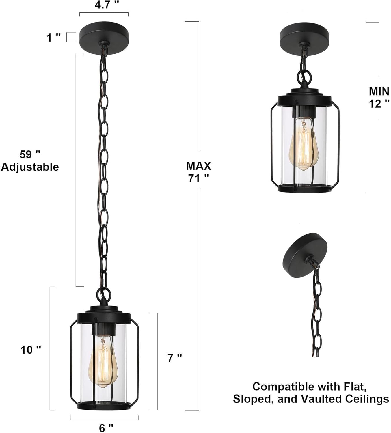 Outdoor Pendant Lights, Black Outdoor Pendant Hanging Lights Adjustable Industrial Exterior Porch Light Fixtures Glass Shade for Patio, Entryway, Garden