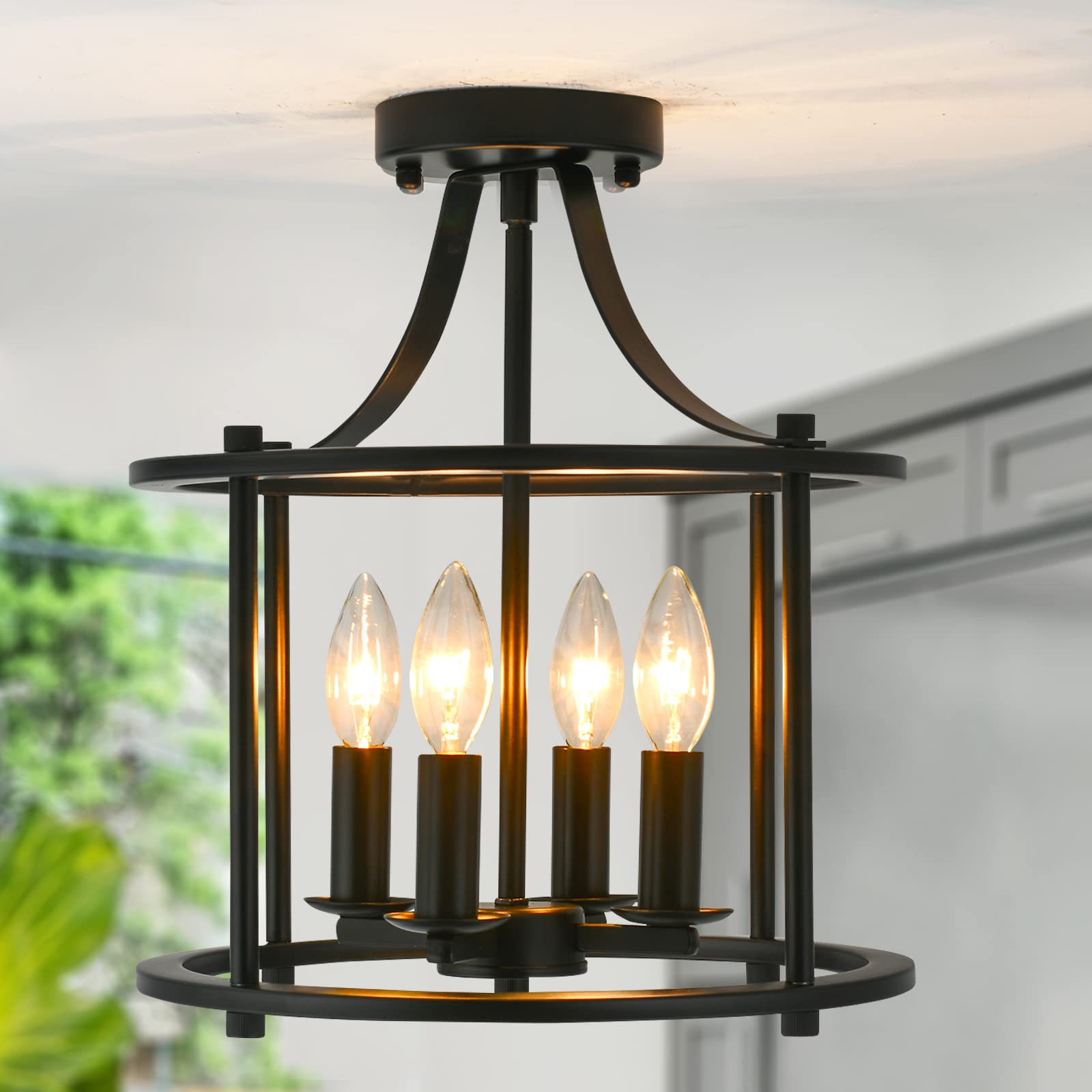 Farmhouse Semi Flush Mount Ceiling Light Fixture,4-Light Industrial Ceiling Light Matte Black E12 Metal Rustic Vintage Chandelier Lighting for Kitchen Dining Room Hallway Entryway Bedroom