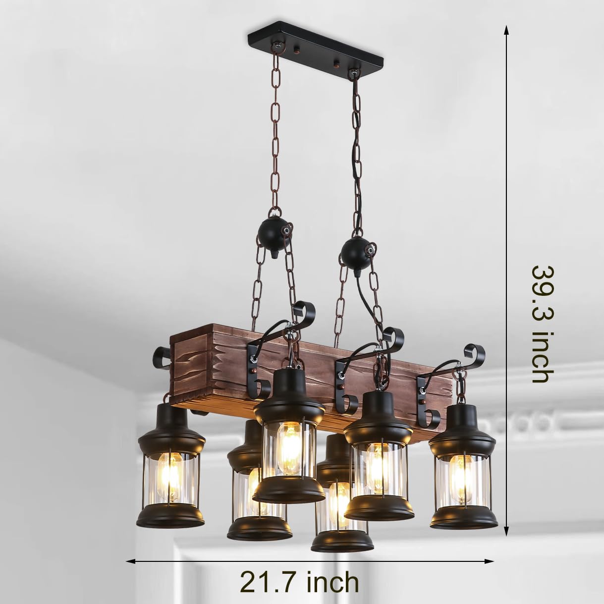 Rustic Chandelier Farmhouse Rustic Light Fixtures for Dining Room Kitchen Island, Industrial Wooden Hanging Lights Ceiling Light Fixture for Game Room Bar Coffee Pool Table (8-Light)