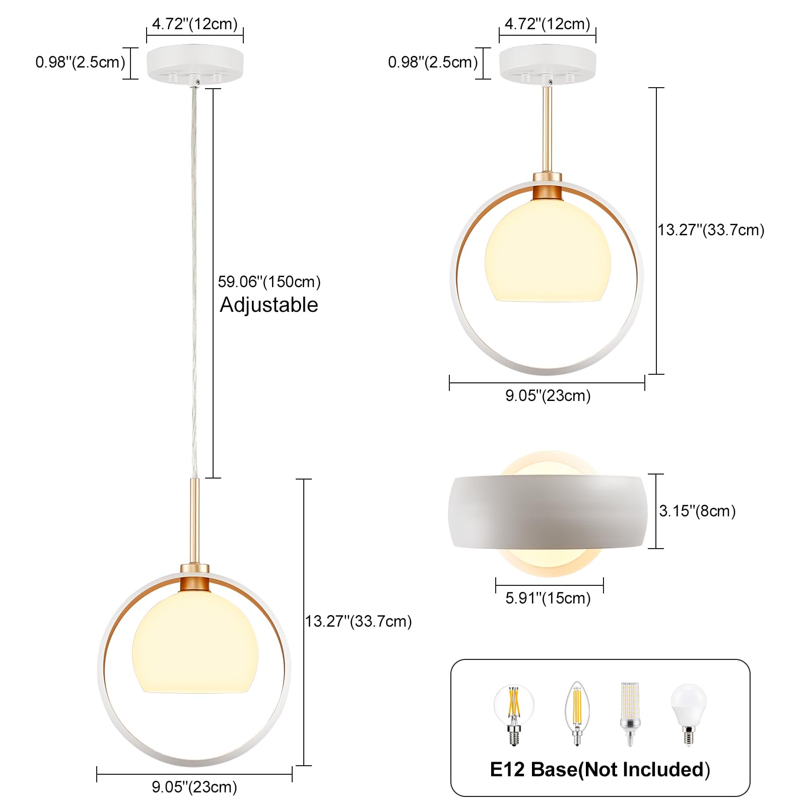 Mid Century Modern Pendant Light, White and Glod Kitchen Island Pendant Light Fixtures, Mini Glass Globe 1 Light Hanging Lighting Chandelier for Bedroom, Hallway, Foyer(Bulb Not Included)