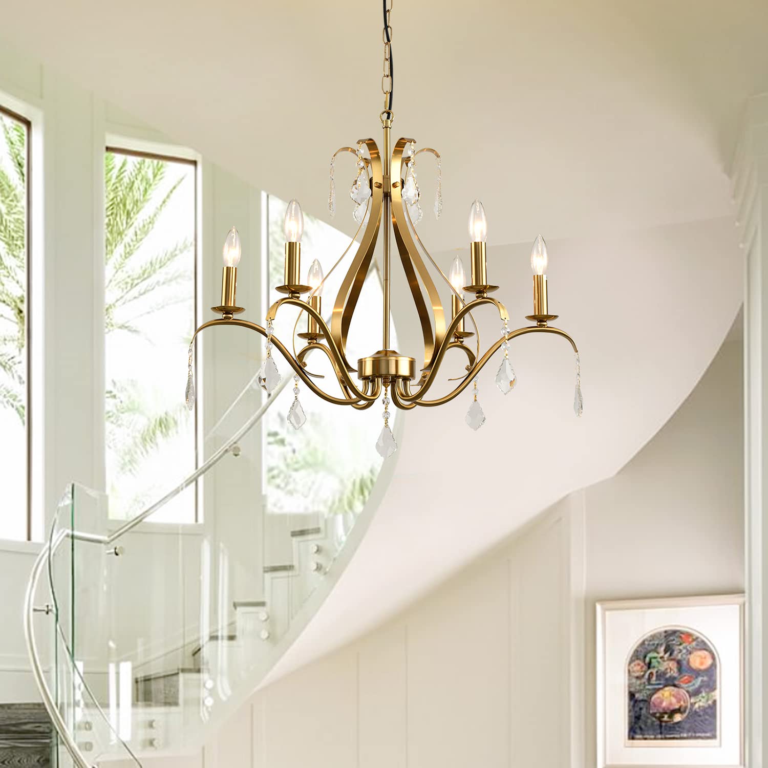 Gold Chandelier Light Fixtures Farmhouse: Modern Chandeliers for Dining Room, 8-Light Gold Crystal Chandelier, Foyer Chandeliers for High Ceilings, for Entryway,kitchen,Bedroom,Living Room,Staircase