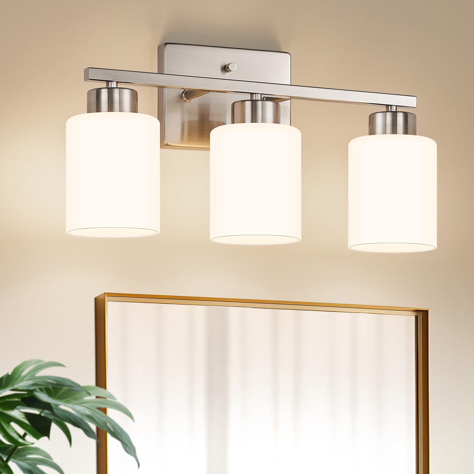 Brushed Nickel Bathroom Light Fixtures, 3-Light Modern Vanity Light Over Mirror, Wall Sconces with Milky White Frosted Glass Shades, E26 Socket (Bulbs Not Included)