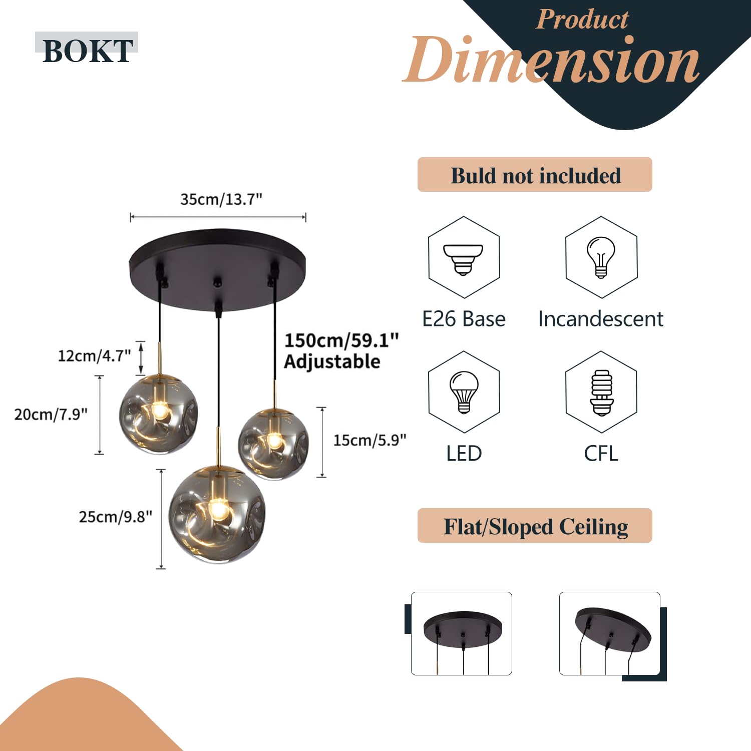 BOKT Modern Gold Kitchen Island Pendant Light Mid Century 3-Lights Globe Pendant Light Fixture Cluster Multi Light Pendant Lighting Bedside Glass Ball Pendant Lamp