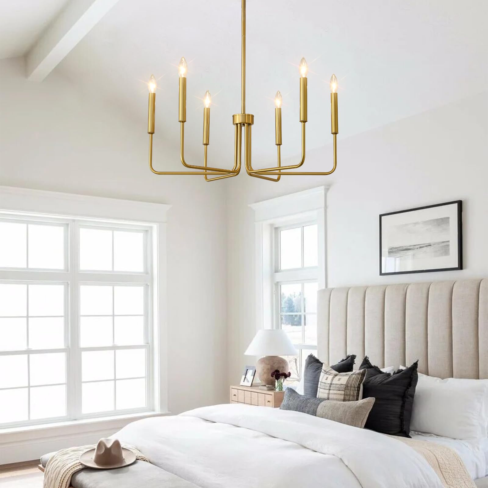 Gold Chandeliers, 6-Light Metal Candle Farmhouse Chandeliers, Rustic Industrial Modern Chandeliers Lighting Fixtures Hanging for Living Room, Kitchen, Bedroom, Dining Room(Bulbs are not Included)