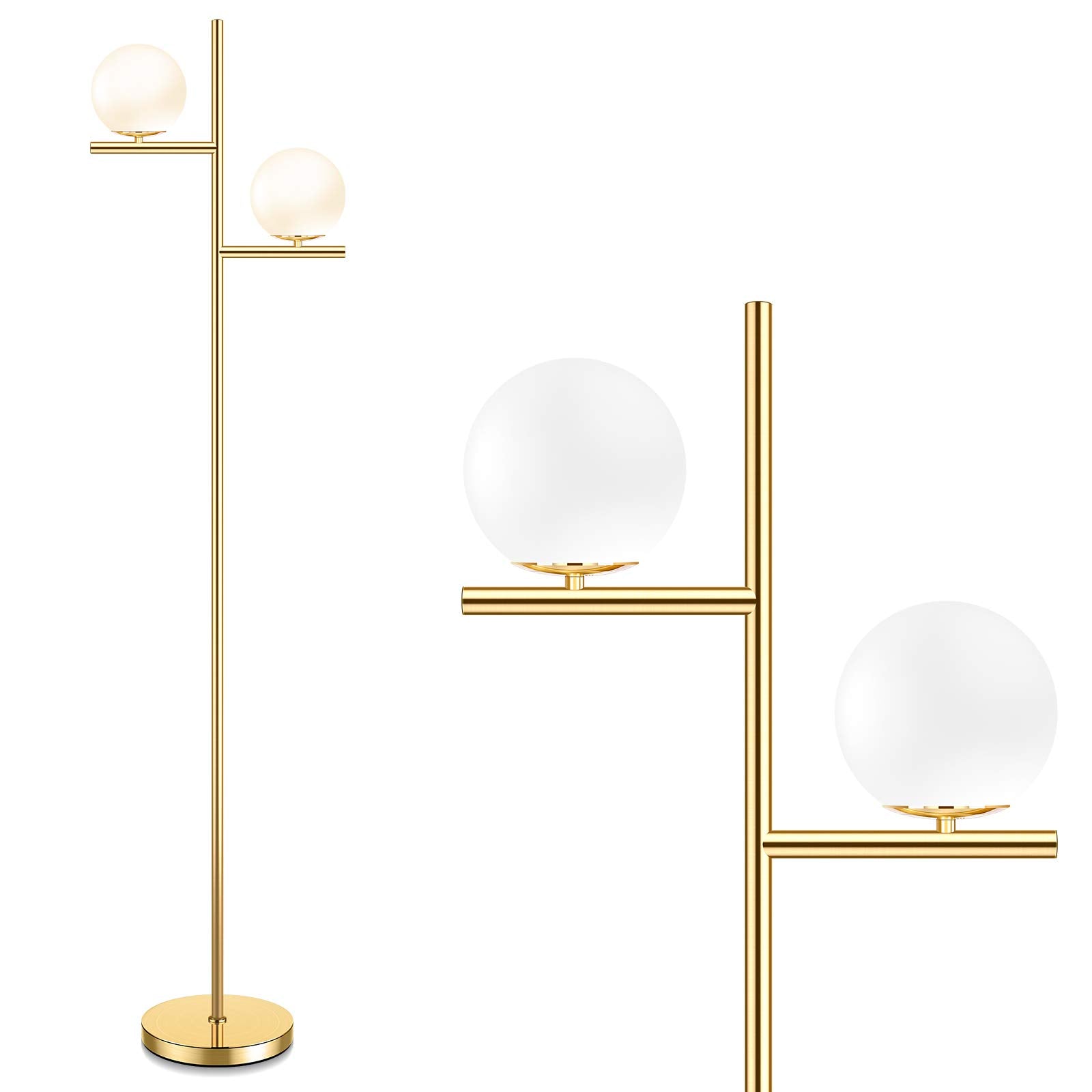 Mid Century Modern 2 Frosted Glass Globe Floor Lamp for Living Room,Contemporary LED Standing Light, Gold Corner Pole Office Bedroom, Study Room, Hotel, Antique Brass Lighting