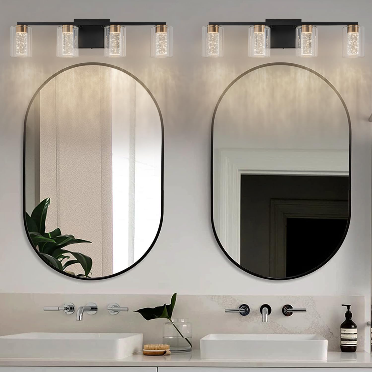 2-Light Brushed Nickel Vanity Light with 3 Color Modes (3000K/4000K/6000K), Eye Protection LED Bathroom Light Fixture, Dimmable Modern Wall Light Over Mirror with Clear Glass Shade