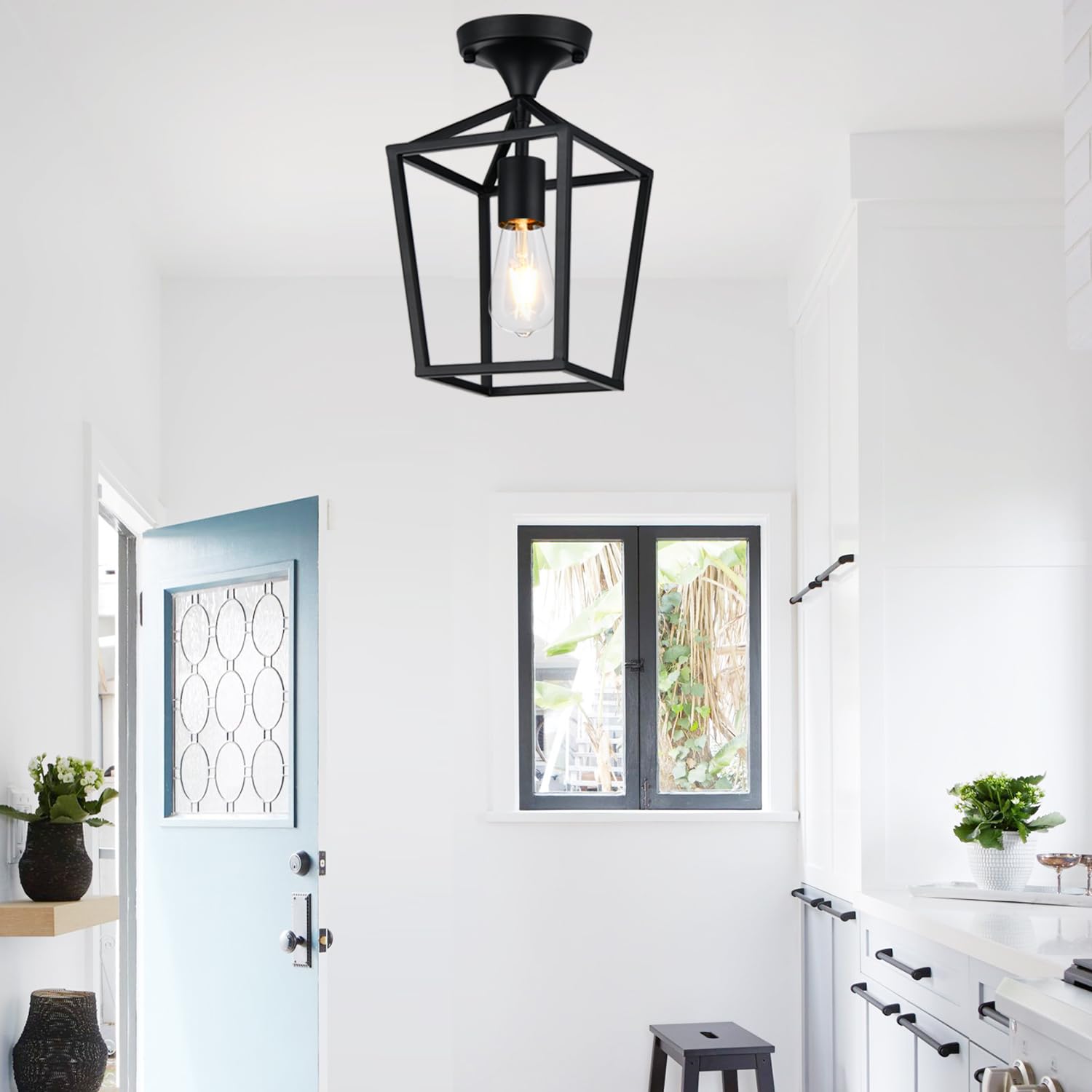 Semi Flush Mount Ceiling Light, Black Industrial Ceiling Light Fixtures, Farmhouse Light Fixture for Entryway Porch Hallway Stairway Garage Living Room Dining Room Balcony