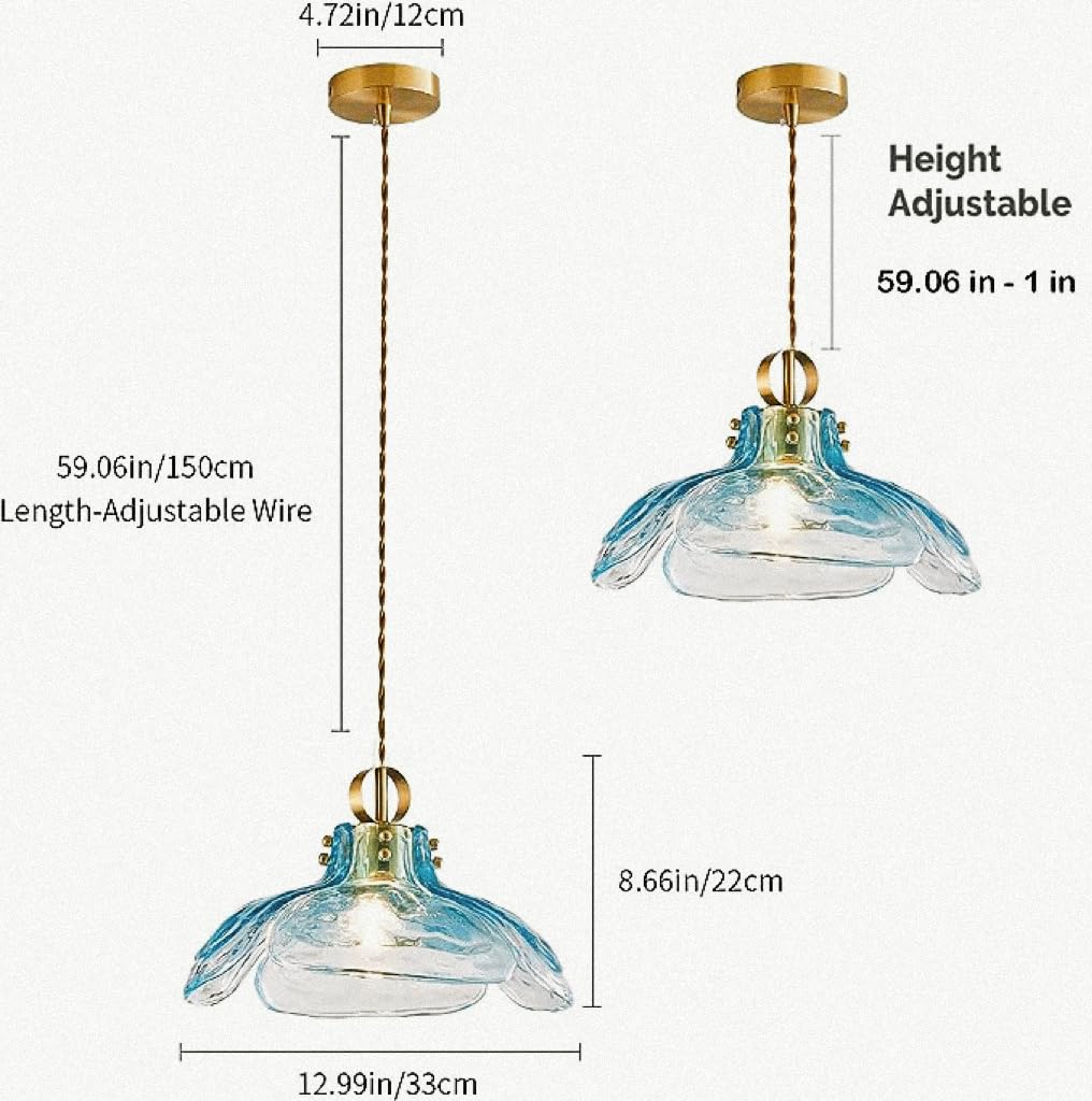 Pendant Light Fixtures 12.99" D, Glass Hanging Pendant Lights, Pendant Lighting for Kitchen Island Living Room Hallway Bedroom, 1-Light E26 Base, Blue