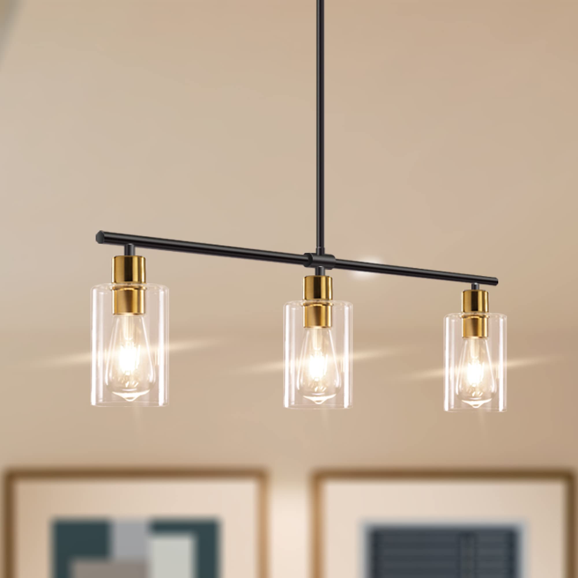 Kitchen Island Lighting, 3 Lights Linear Chandeliers Rectangle Pendant Light Fixtures for Dining Room Farmhouse Hanging Light with Glass Shades Hanging Lights - Gold