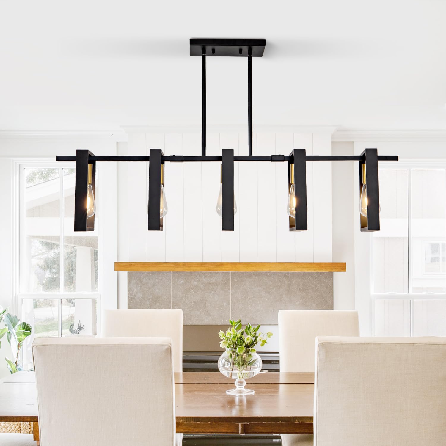 Farmhouse Kitchen Island Lighting Black Chandeliers for Dining Room Wooden Island Lights,Industrial Rectangle Light Fixtures Ceiling Hanging (4 Lights)