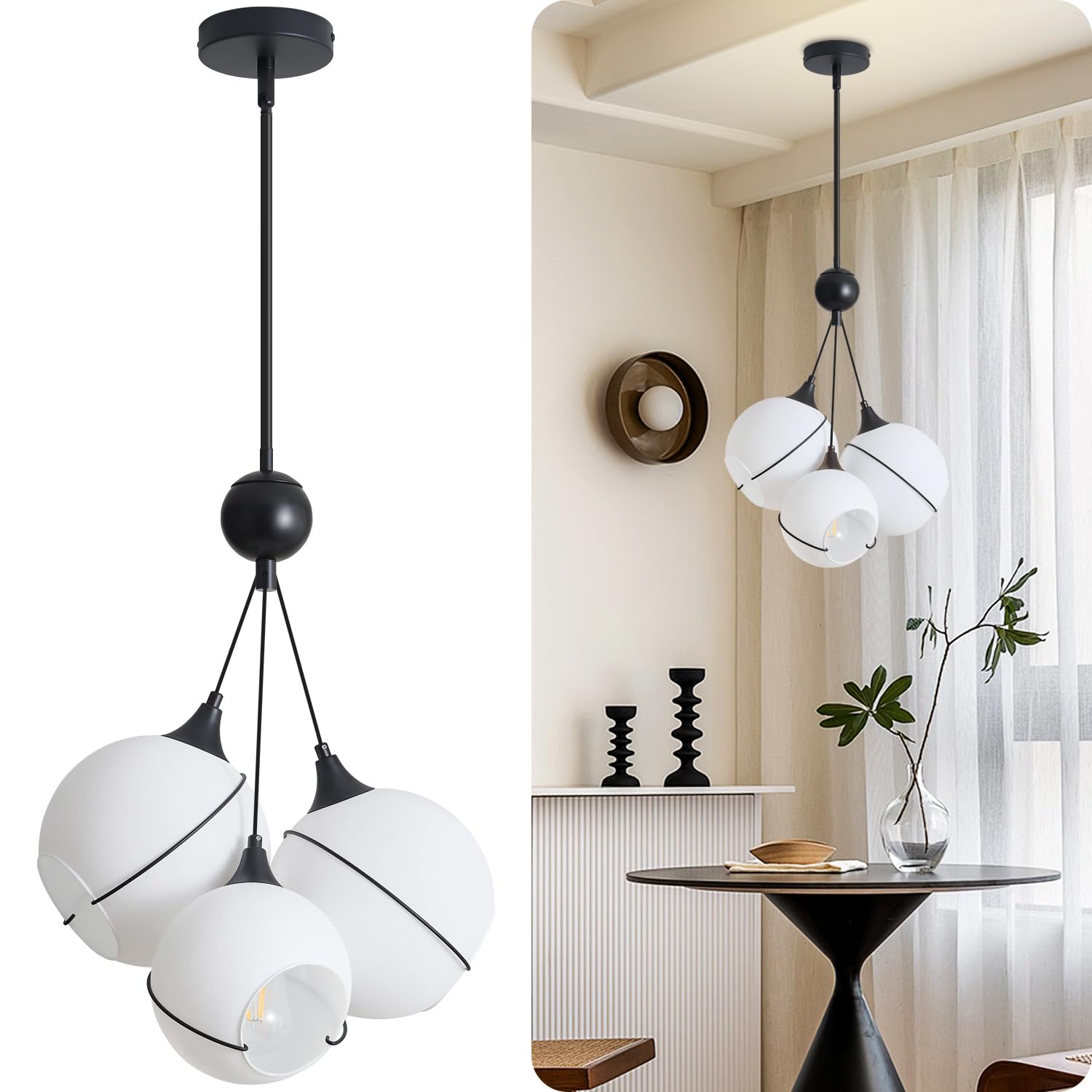 Modern Chandelier, Glass Pendant Lights Kitchen Island, Kitchen Pendant Lighting Over Island, Mid Century Matte Black Chandelier with Milk White Glass Globe Shades