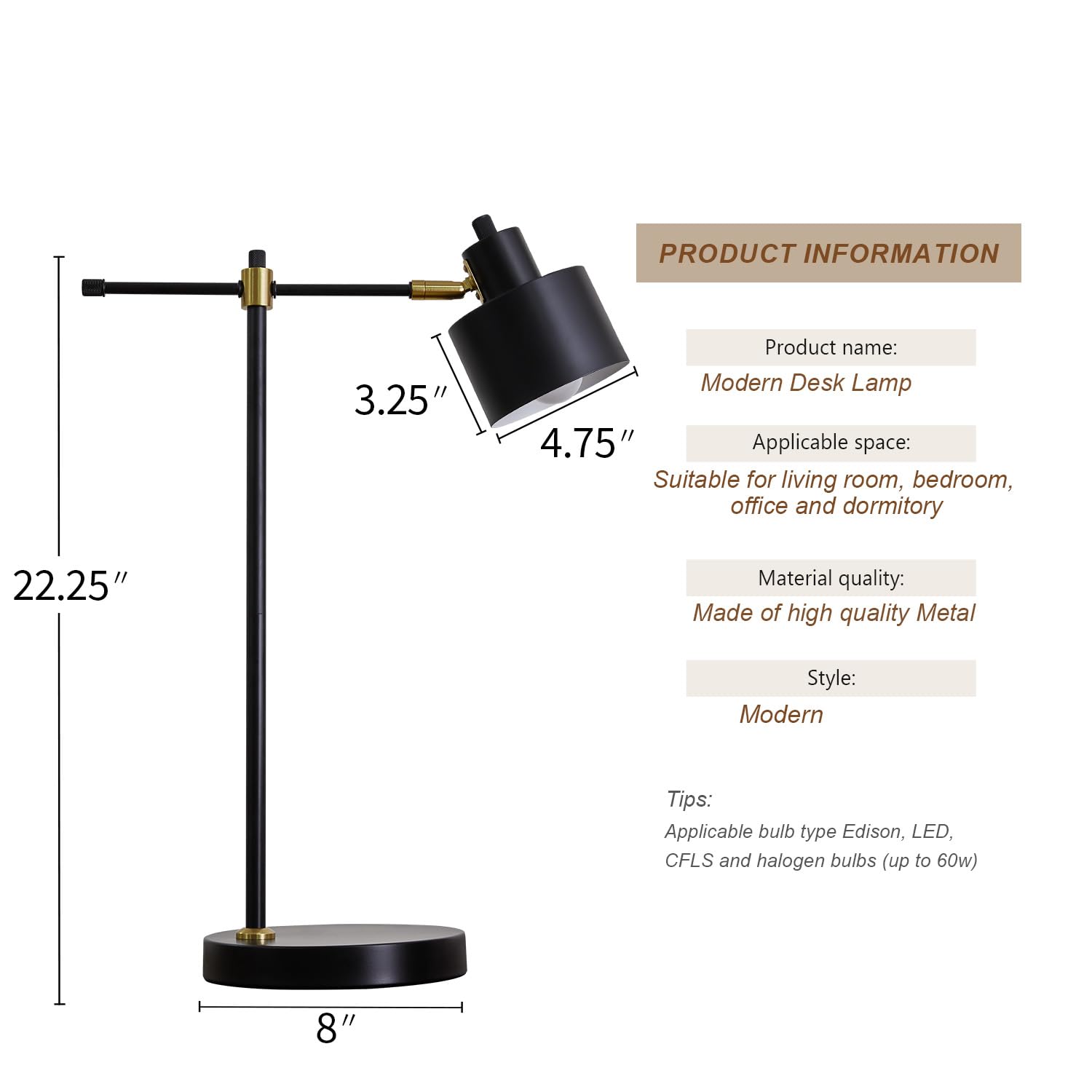 OYEARS 22.2“ Modern Industrial Desk Lamp for Reading LED Metal Table Lamp Light for Office Bedroom Study Room Living Room Nightstand Bedside Lamps Gold and Matte Black Accent Finish (Bulb Included)