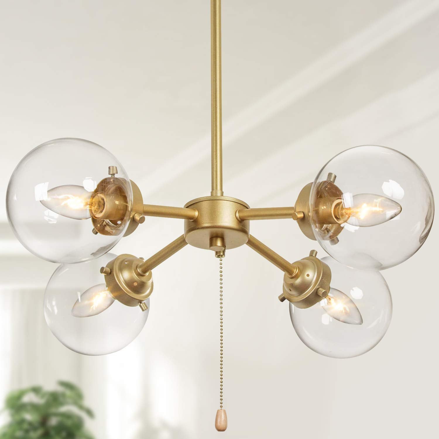 Gold Globe Chandelier with On/Off Switch Pull Chain, 4-Light Modern Gold Semi Flush Mount Ceiling Light with Clear Globe Glass Shades for Dining Room & Kitchen, Soft Gold, 19.5’’ Dia