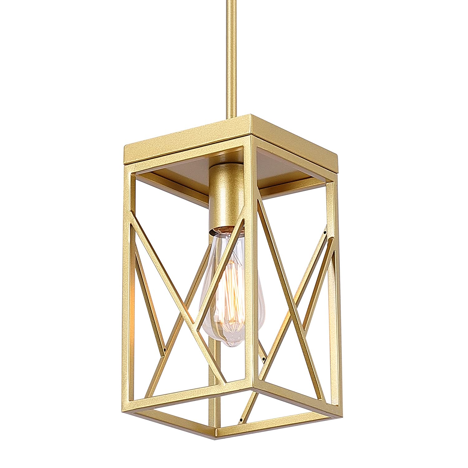 Fivess Lighting Modern Gold Pendant Light with Metal Cage, One-Light Adjustable Rods Mini Pendant Lighting Fixture for Kitchen Island Cafe Bar Farmhouse