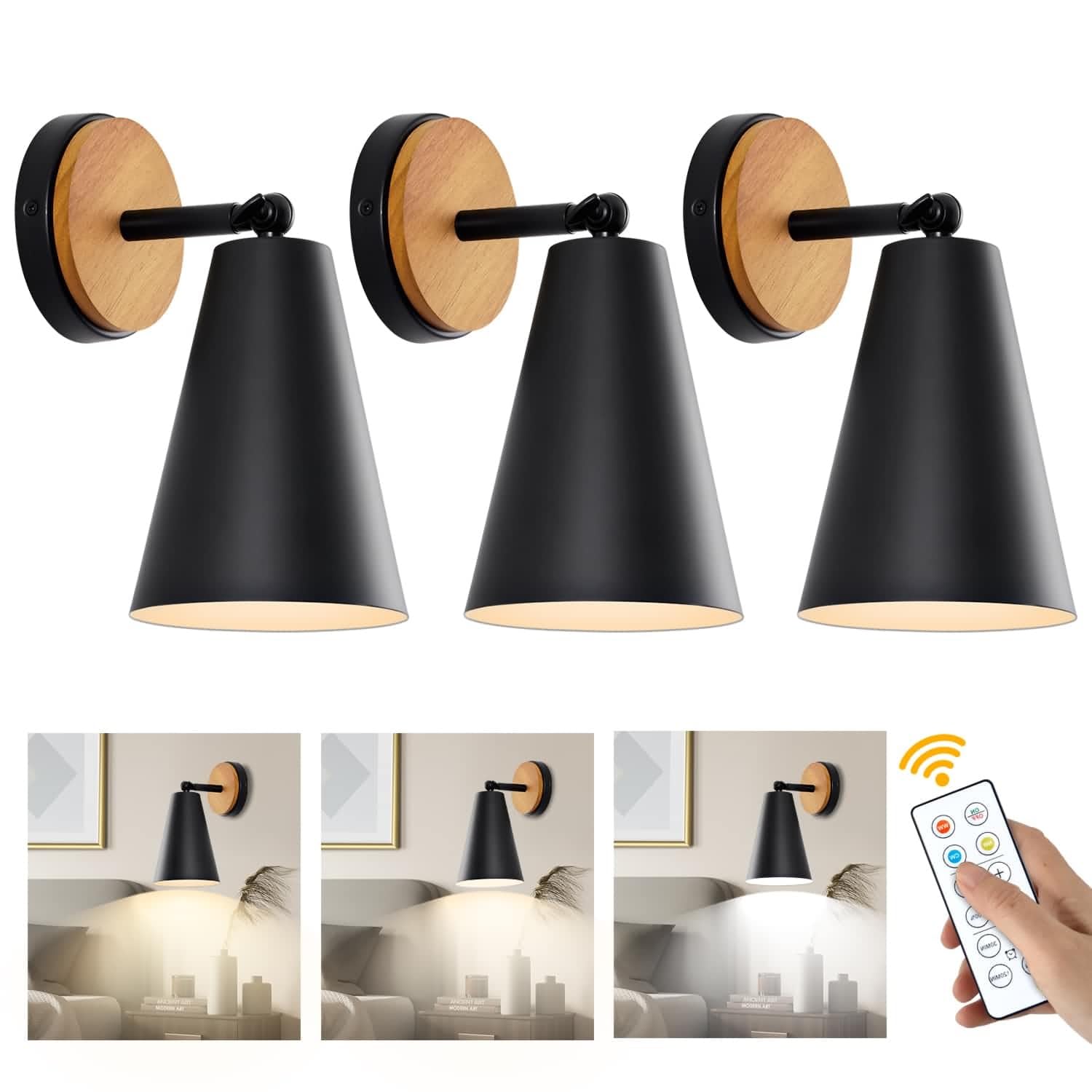 Wood Battery Operated Wall Sconce, IR Remote Control Battery Operated Sconces, Matte Black Battery Operated Wall Sconce, Wall Lights Battery Operated for Bedrooms, Living Room