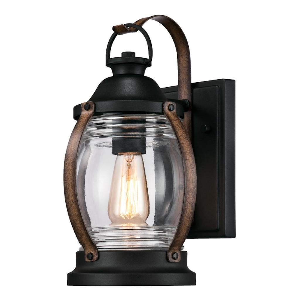 Canyon One-Light Outdoor Wall Fixture, Textured Black and Barnwood Finish with Clear Glass