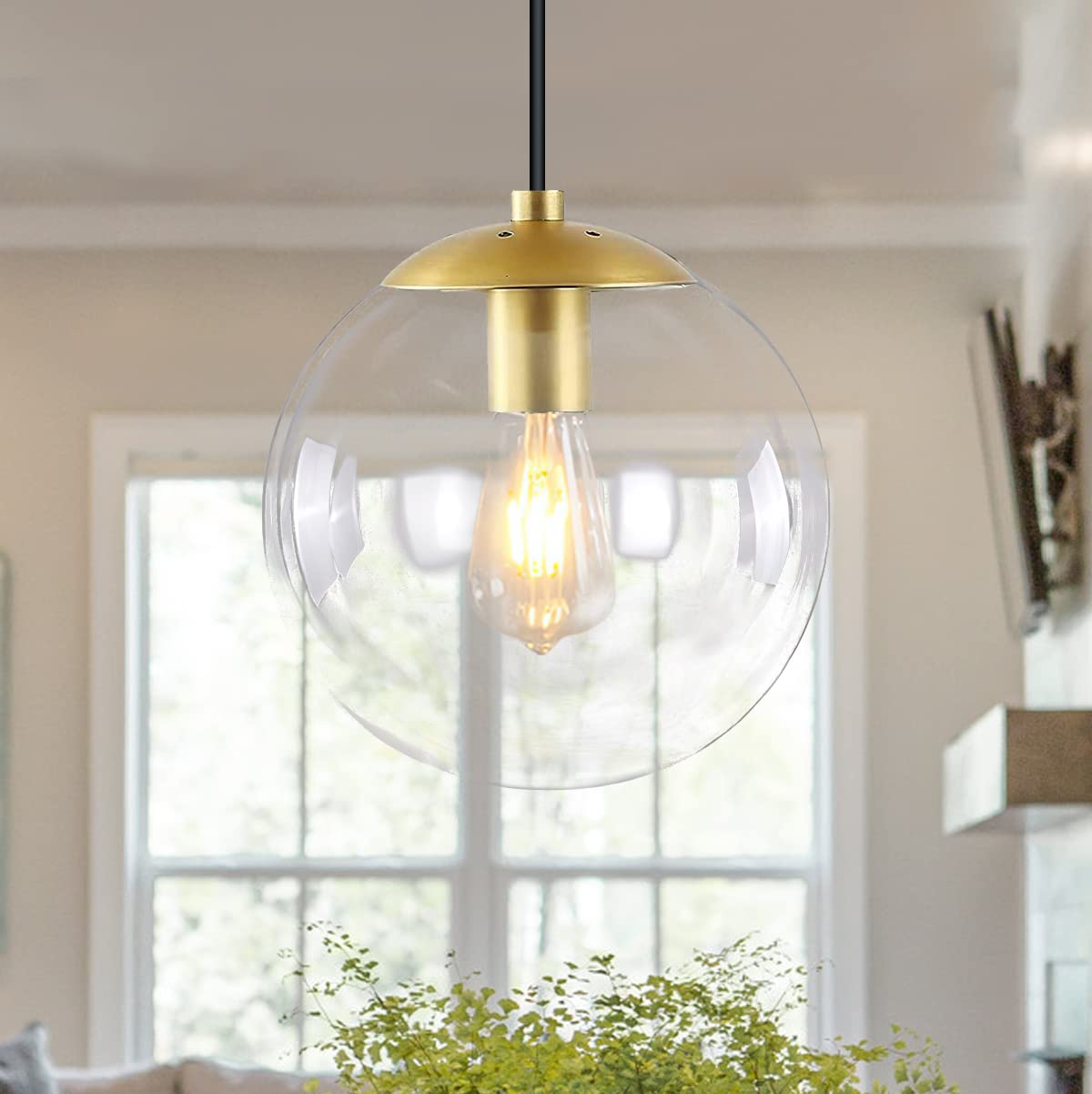 6-inch Mini Modern Globe Pendant Light Clear Glass with Brass Finish Contemporary Mid Century Adjustable Hanging Light Fixture for Living Room Bedroom Kitchen