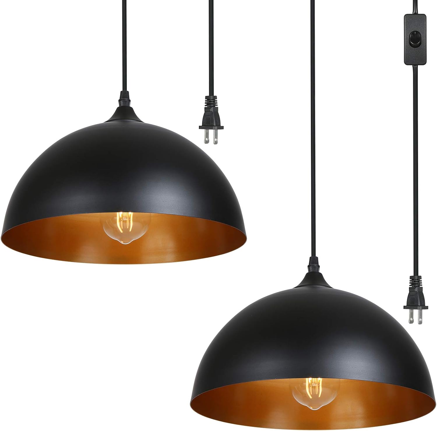 Plug in Pendant Light, Metal Dome Hanging Pendant Light 2 Pack with 15FT Plug in Cord, On/Off Switch, for E26 Bulbs, Black Barn Pendant Light for Farmhouse Kitchen, Dining, Bedroom 2 Pack