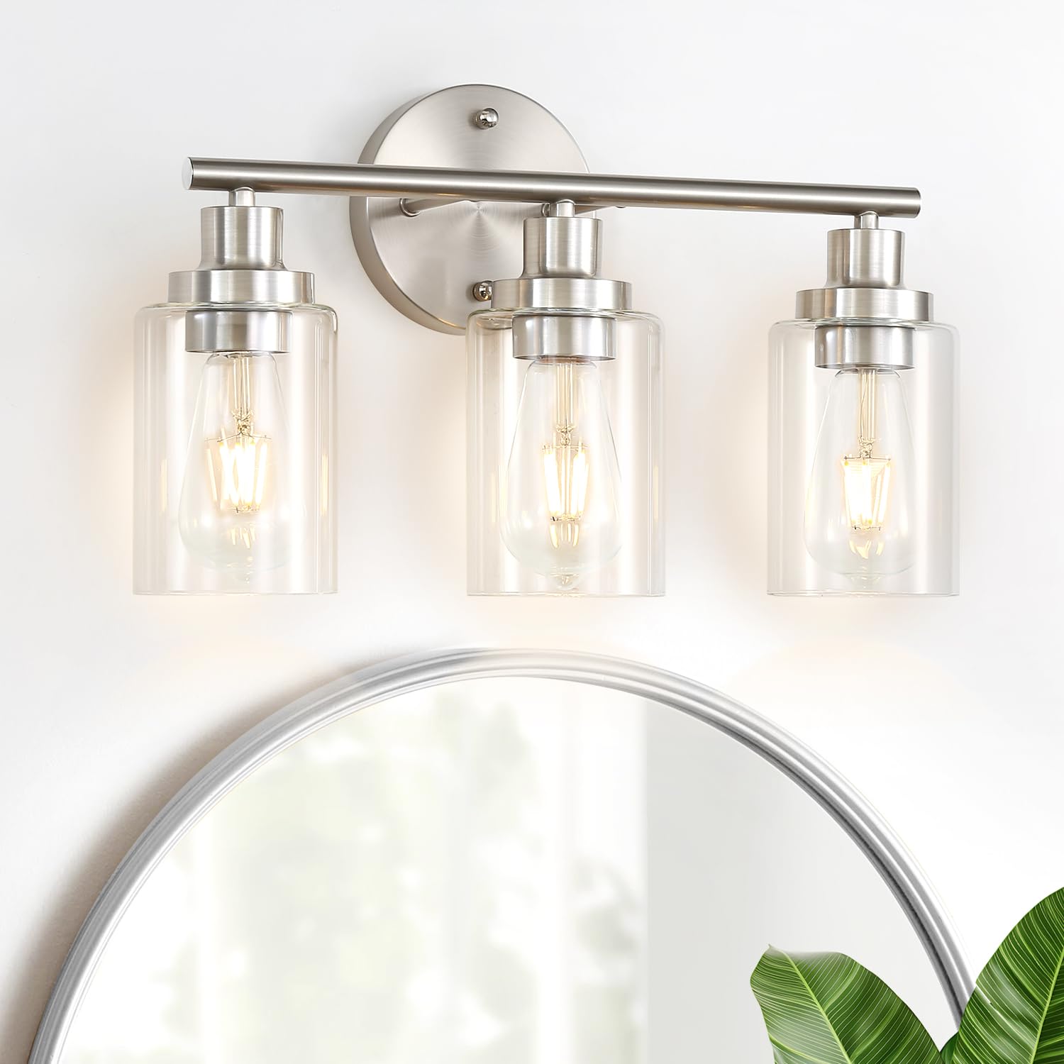 Vanity Wall Light Fixtures, Modern 3 Lights Wall Sconce with Clear Glass Shade, Brushed Nickel Farmhouse Wall Lamp for Bathroom Mirror Kitchen Porch Living Room Workshop (E26 Base)