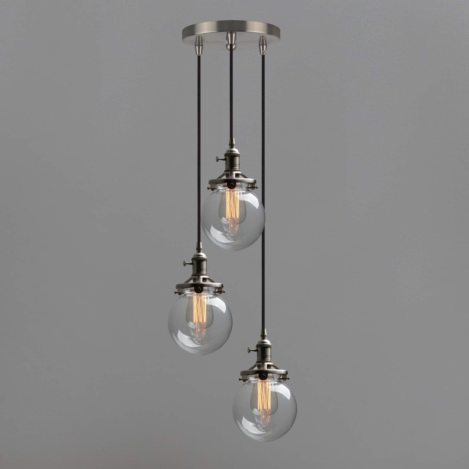 3-Light Cluster Pendant Light, Antique Brass Chandelier with 5.9" Globe Glass Shade, Foyer Chandeliers Entryway High Ceiling Staircase Lights (Antique)