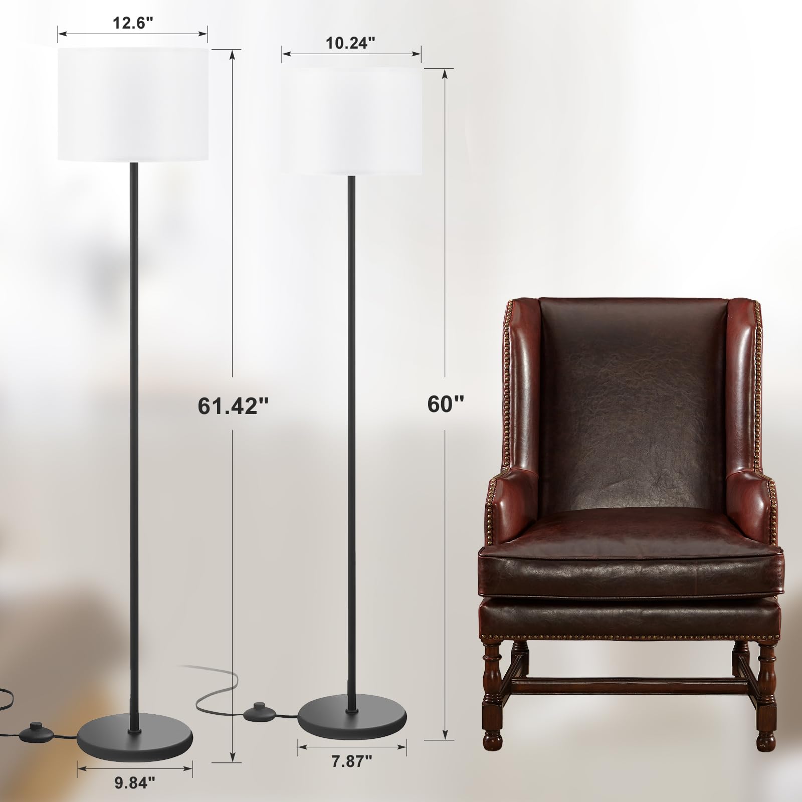 Modern Floor Lamp Simple Design with White Shade, Foot Pedal Switch, 60" Small Tall Lamps for Living Room Bedroom Office Dining Room Kitchen, Black Pole Lamp(Without Bulb)