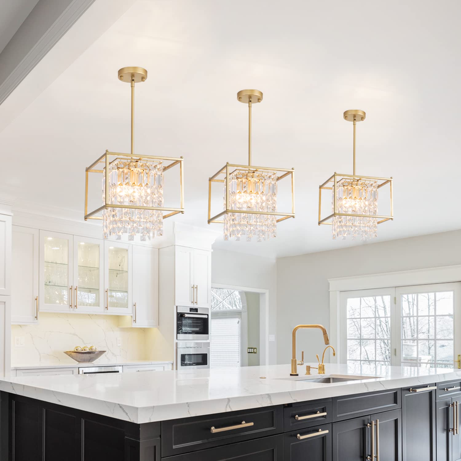 Gold Crystal Chandelier Industrial Pendant Light 11.81 inch Square 4 Lights Modern Vintage Semi Flush Mount Ceiling Light Fixture for Kitchen Island Dining Room Living Room Bedroom