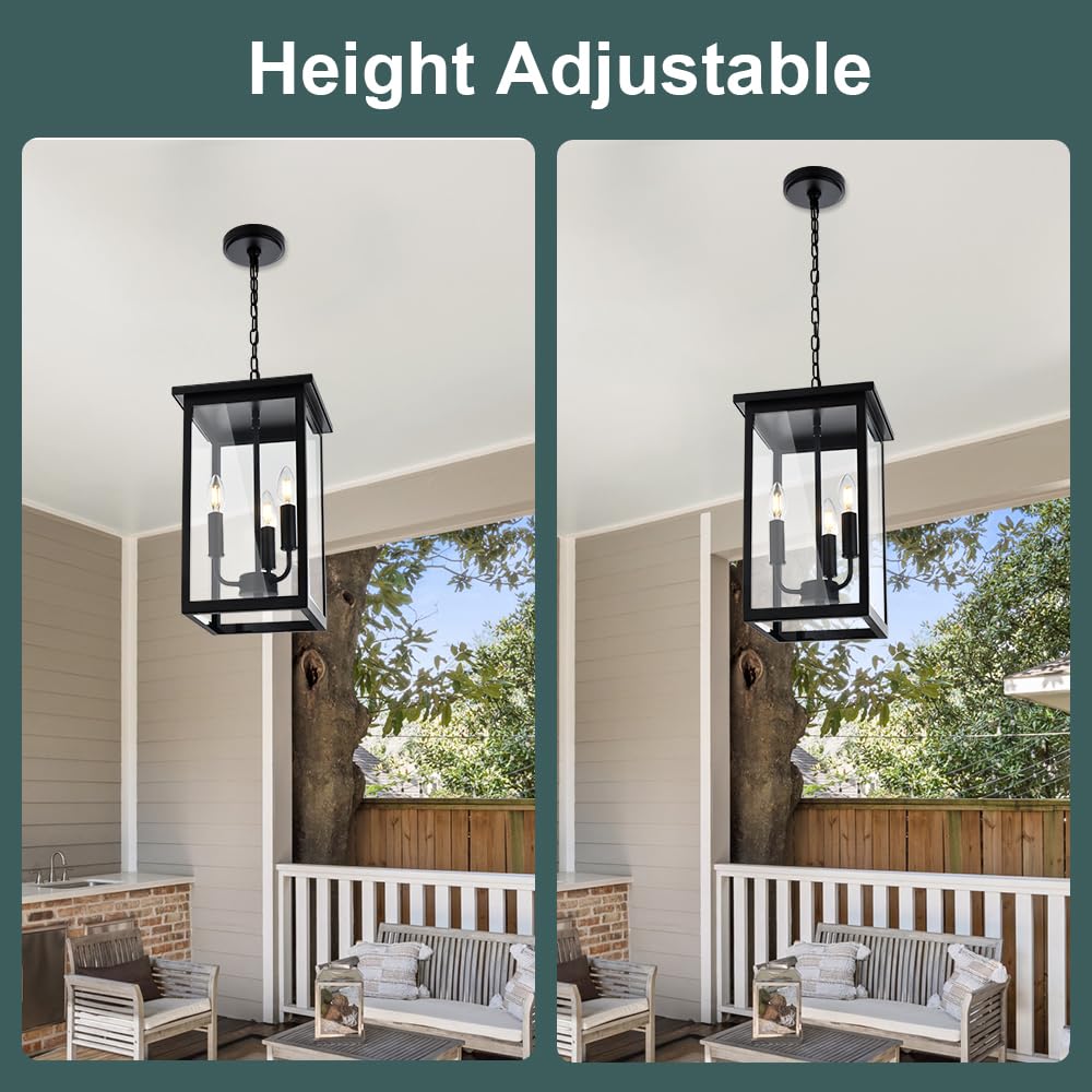 Black Outdoor Pendant Light 4-Light Outside Pendant Hanging Light Fixture Ceiling Mount with Clear Glass Industrial Hanging Cage Chandelier for Porch,Entryway,Doorway,Farmhouse