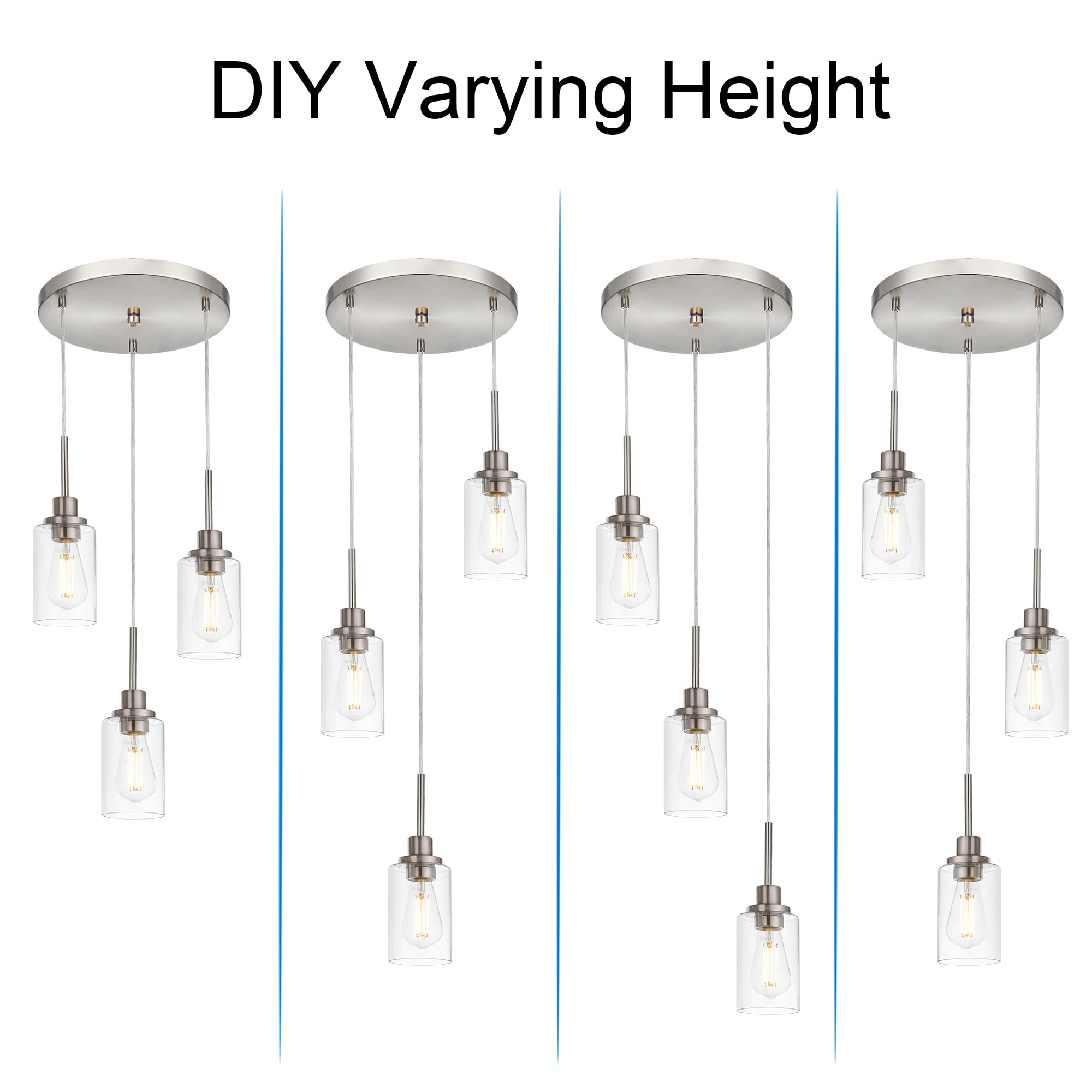 Black Pendant Lights for Kitchen Island, 5-Light Dining Room Light Fixtures Linear Chandeliers with Clear Glass Shade, DIY Hanging Lamp Ceiling for Dining Room Kitchen Bar