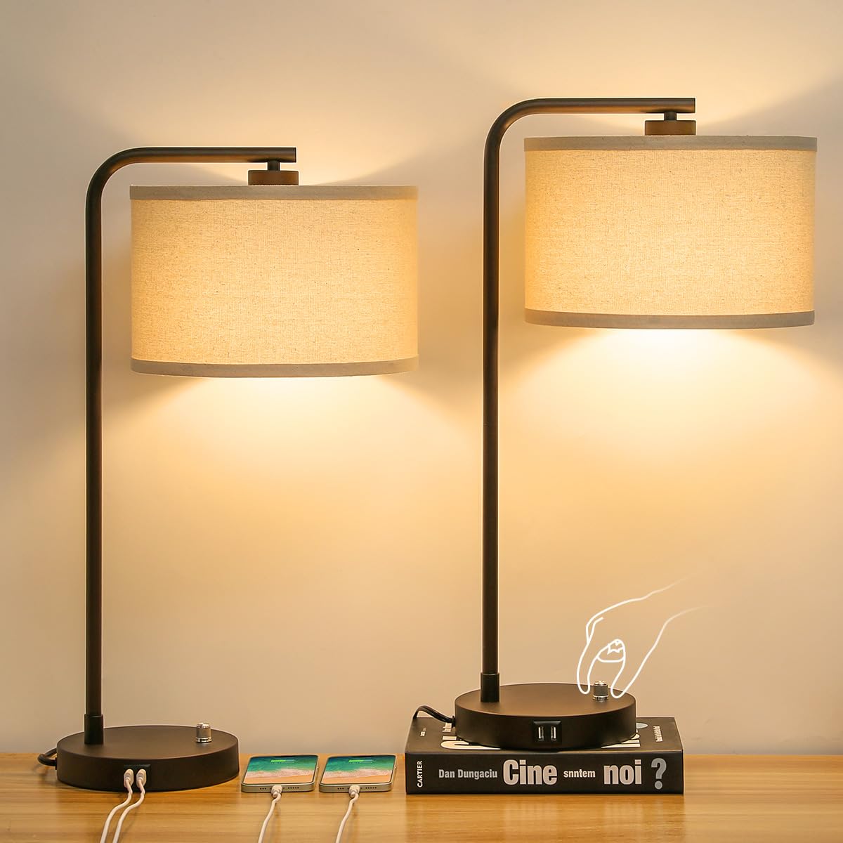 USB Bedside Lamp, Industrial Side Table Lamp with Dual USB Charging Ports, Fully Dimmable Nightstand Lamp, Tall Reading Lamp Desk Lamp for Bedroom, Living Room, Office, 9W LED Bulb Included