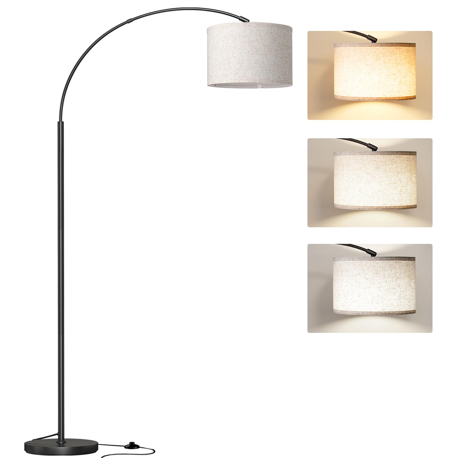 Arc Floor Lamp with 3 Color Temperature,Modern Floor Lamp with 9w A19 LED Bulb,75″Height Tall Lamp for Living Room with Hanging Drum Shade and Weighted Base.Arched Standing Lamp for Bedroom