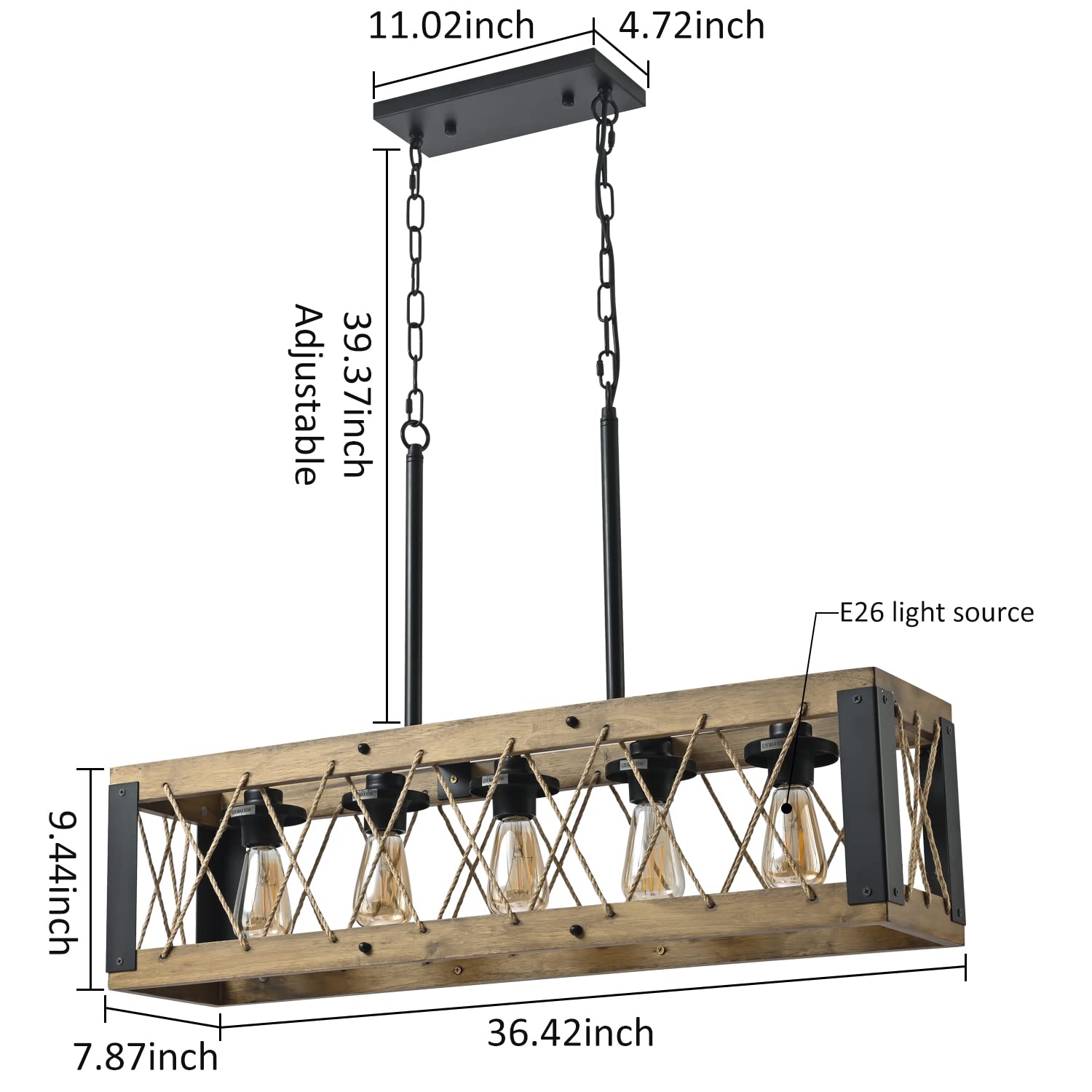 5-Light Wood Chandelier, Wooden & Black Metal Finish Hemp-Rope Pendant Light, Adjustable Fixtures Vintage Pendant for Kitchen Island, Dining Room (Bulbs not Included)