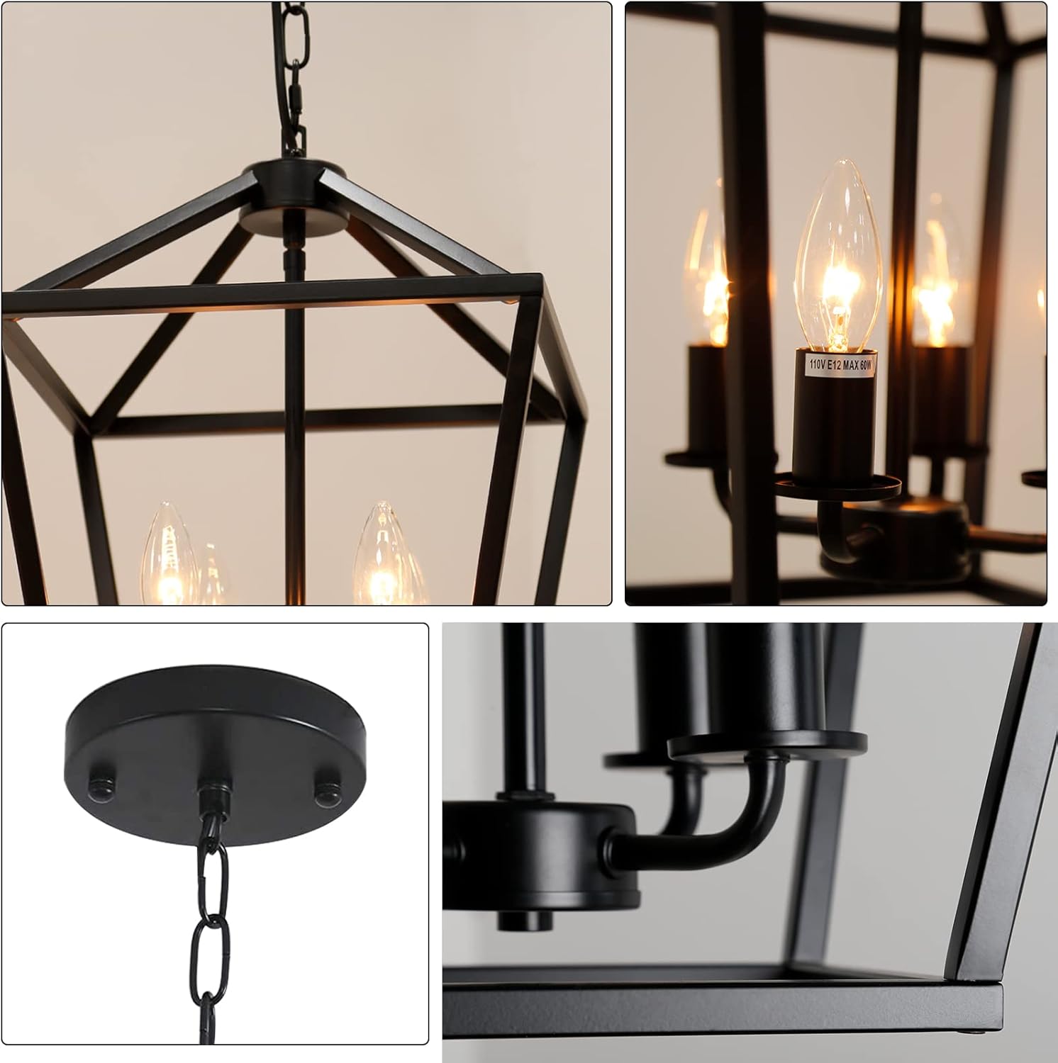 4-Light Lantern Pendant Light,Modern Industrial Black Cage Farmhouse Chandelier for Kitchen Island,12'' Rustic Metal Hanging Lighting Fixture for Dining Room Bedroom Foyer Entry Porch