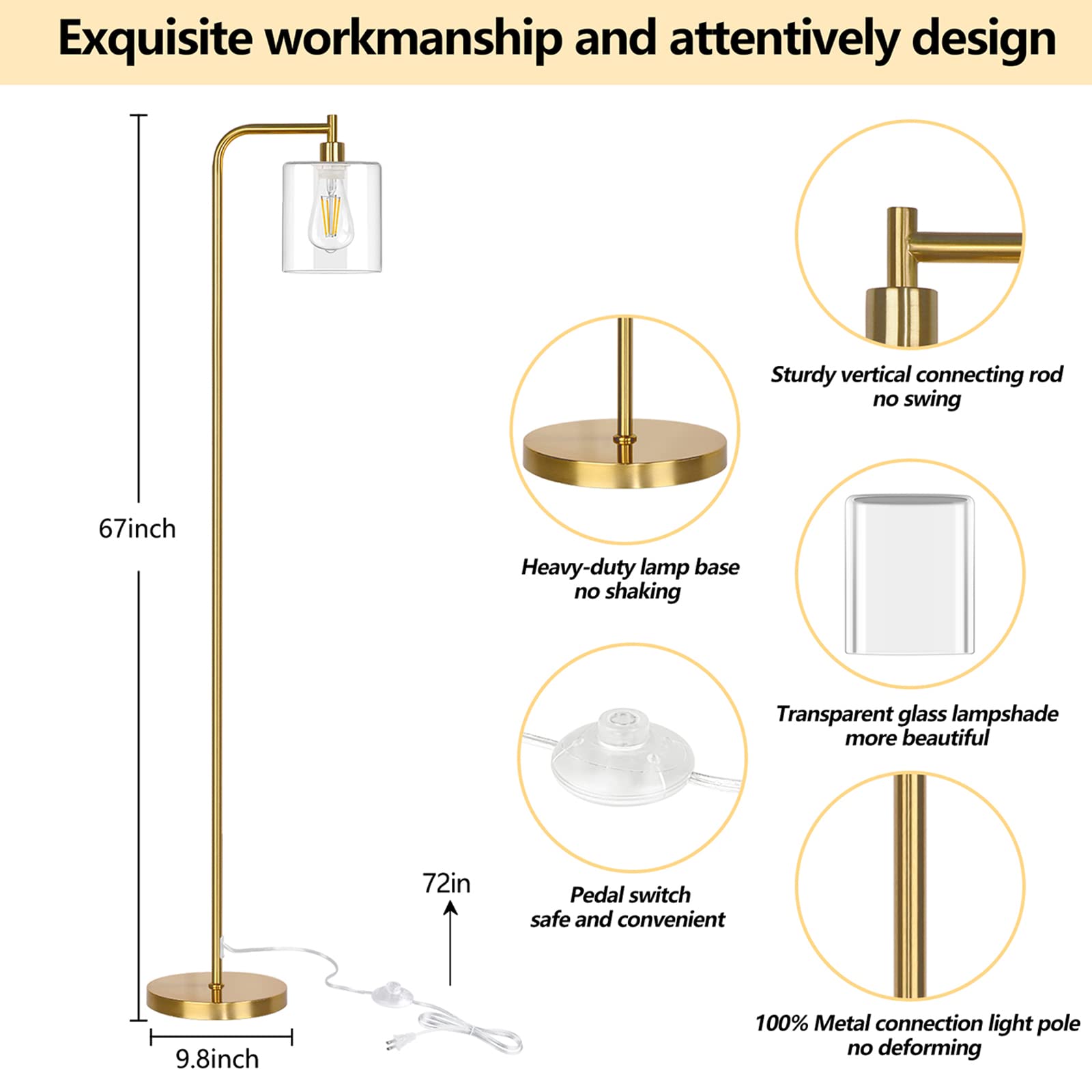 Industrial Floor Lamp for Living Room, Modern Standing Lamp with HD Glass Lampshade and Pedal Switch, 67” Tall Pole Light for Bedroom Study Room, Brushed Silver (2700K LED Bulb Included)