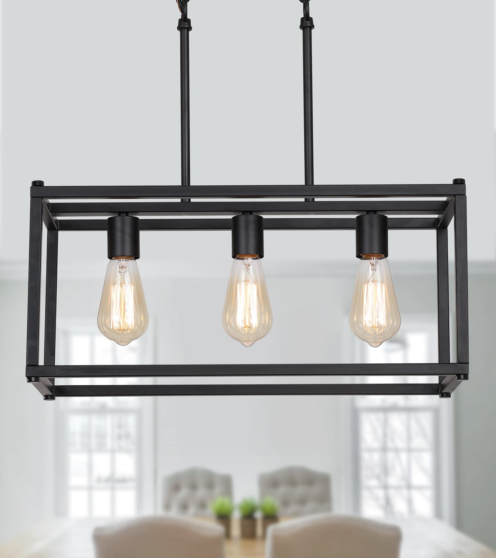 AMZASA Black Rectangle Kitchen Island Lights Rectangular Modern Industrial Chandelier for Dining Room 5 Lights Linear Vintage Cage Light Fixtures UL Listed