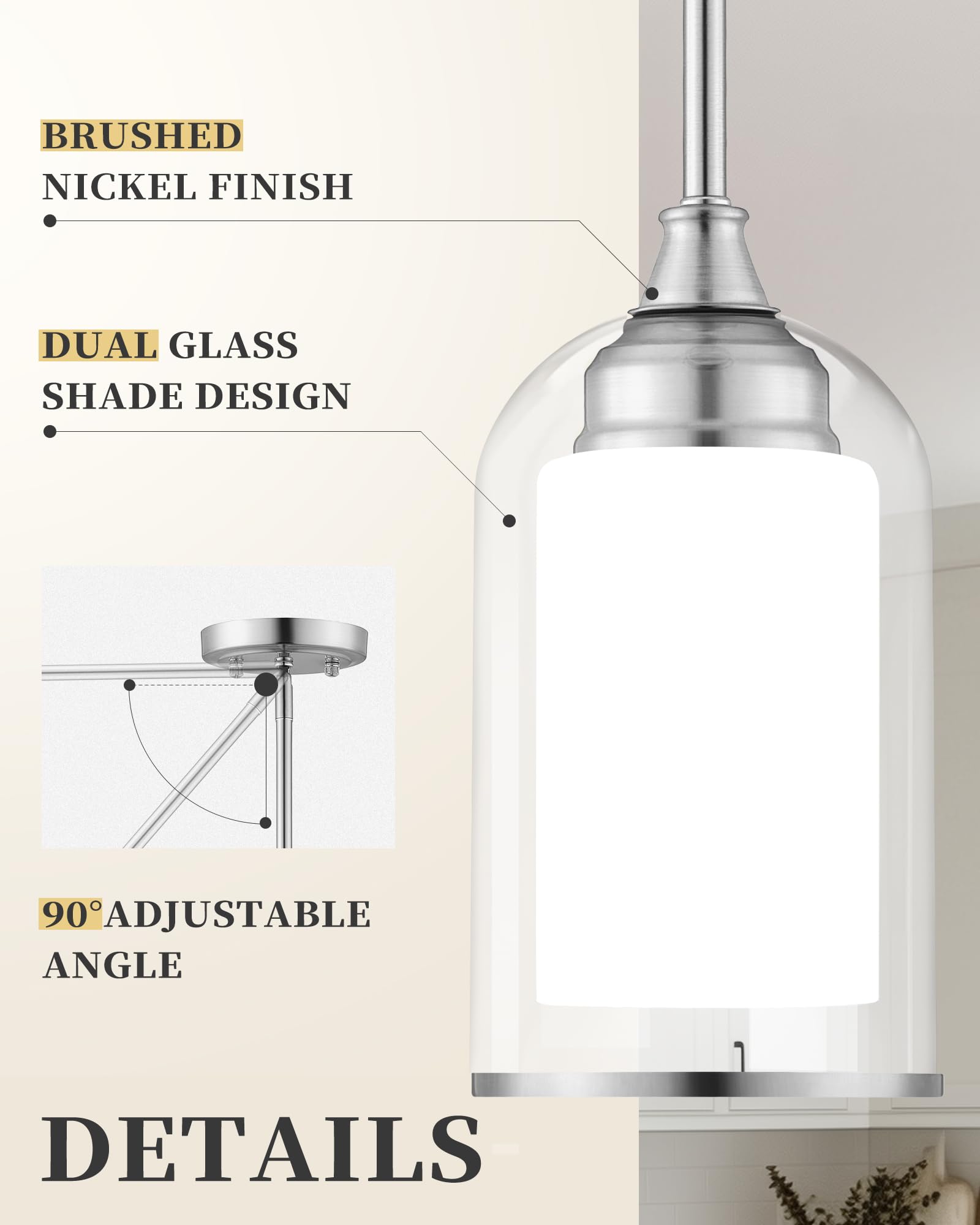 2 Pack Pendant Lights, Vintage Dual Glass Hanging Lamp, Brushed Gold Pendant Lights Kitchen Island with Clear and Milk Glass, Pendant Lighting for Dining Room PL02BR-2PK