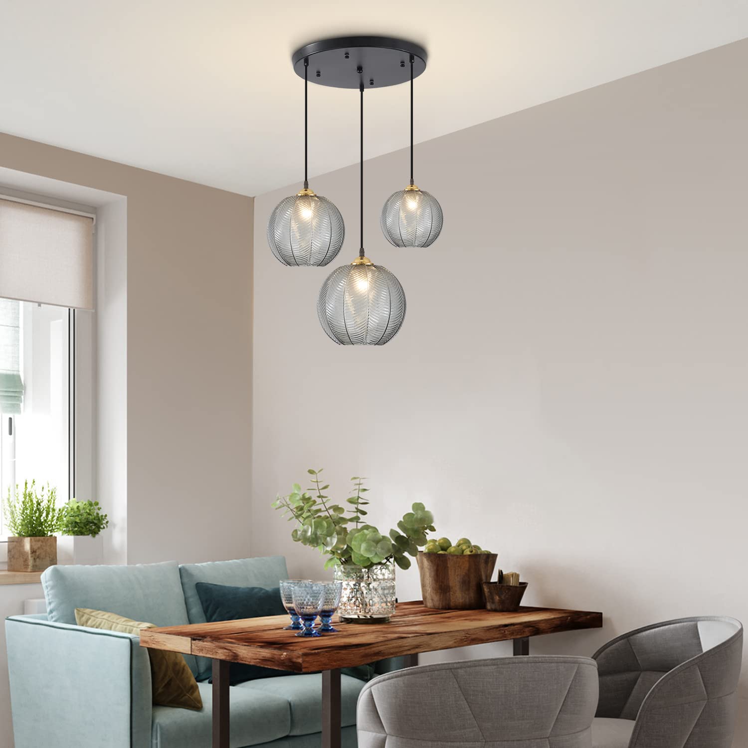 KCO Lighting 3-Lights Smoke Gray Glass Pendant Light Black Globe Round Cluster Chandelier Mid-Century Modern Multi Light Pendant Lighting Nordic Kitchen Island Light Fixture