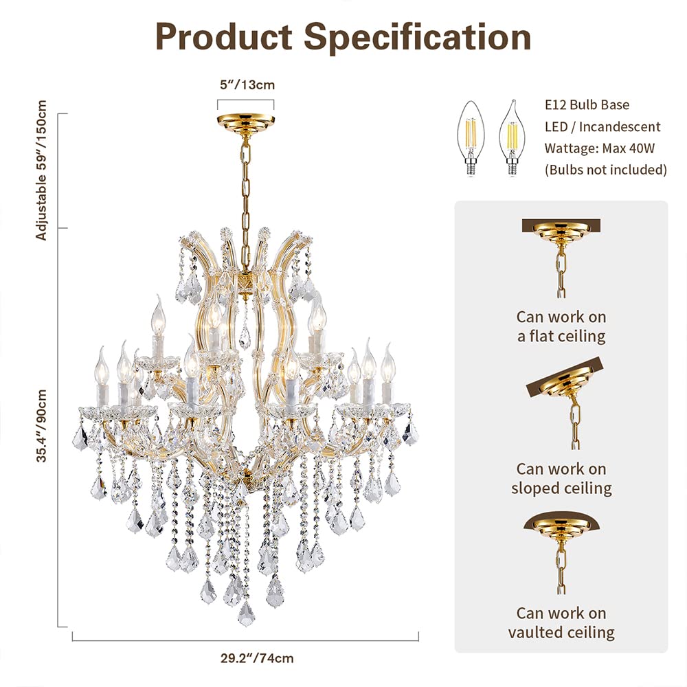 Large Gold Chandelier Light Fixtures - 36 Lights, 4 Layers Modern Crystal Chandeliers for Hotel, Lobby, Foyer, Entrance Hall, Staircase