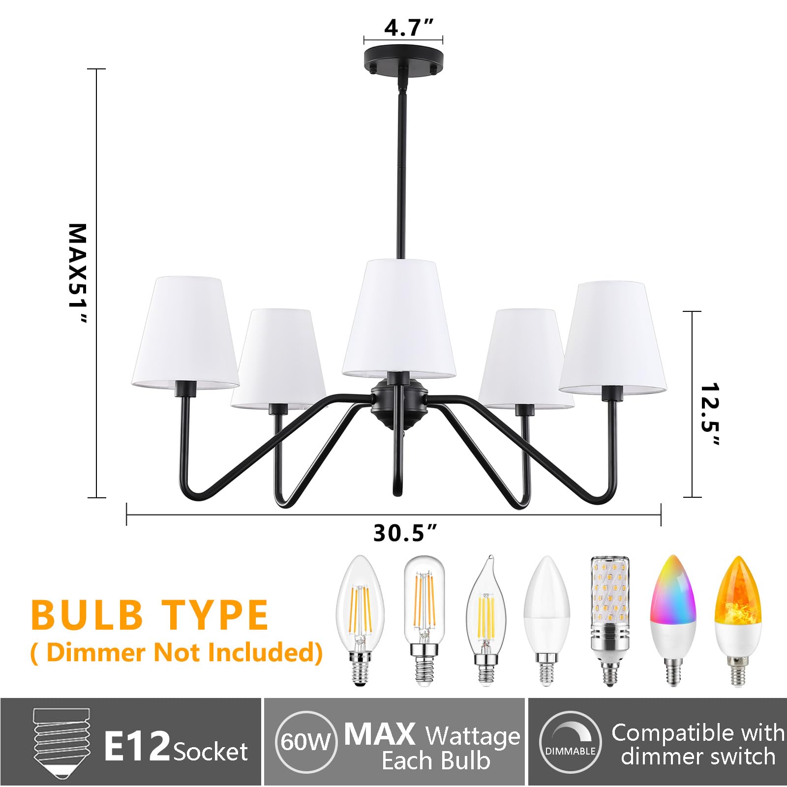 30.5" 5 Arms Gold Chandelier, 5 Lights Kitchen Island Lighting with White Fabric Shade,Dining Room Light Fixture for Hallway Entryway Foyer Living Room，E12.