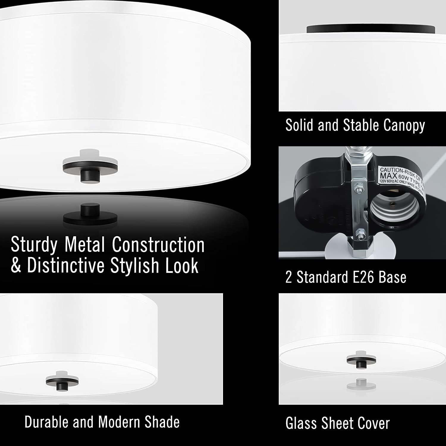 2-Light Flush Mount Ceiling Light Fixture, 12” Modern Close to Ceiling Light with White Fabric Linen Drum Shade, Round Ceiling Light for Bedroom Hallway Living Room Bathroom Dining Kitchen