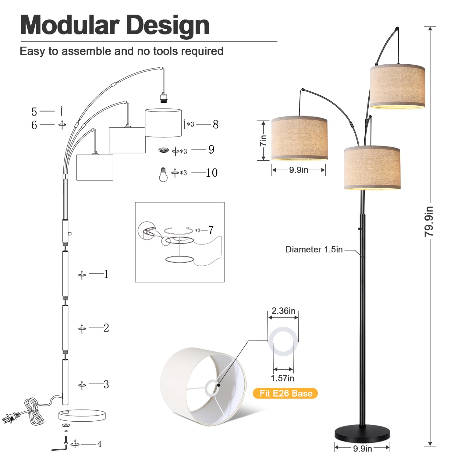 Dimmable Floor Lamp - 3 Lights Arc Floor Lamps for Living Room, 1000LM Modern Tall Standing Lamp with Beige Shades & Heavy Base, Mid Century Tree Floor Lamp for Bedroom Office, 3 LED Bulbs Included