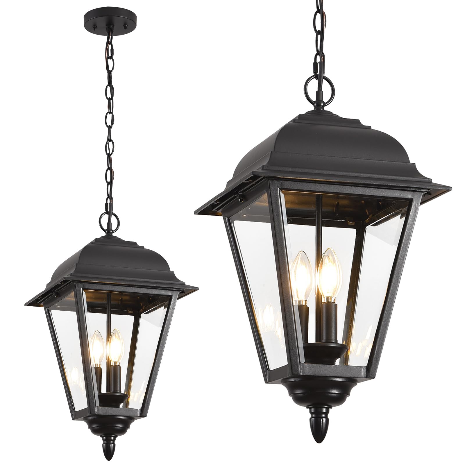 Large Outdoor Pendant Light, 3-Light Outdoor Chandelier, Retro Exterior Hanging Lantern, Hanging Outdoor Light Fixture for Porch, Seeded Glass Sheet with Matte Black Finish