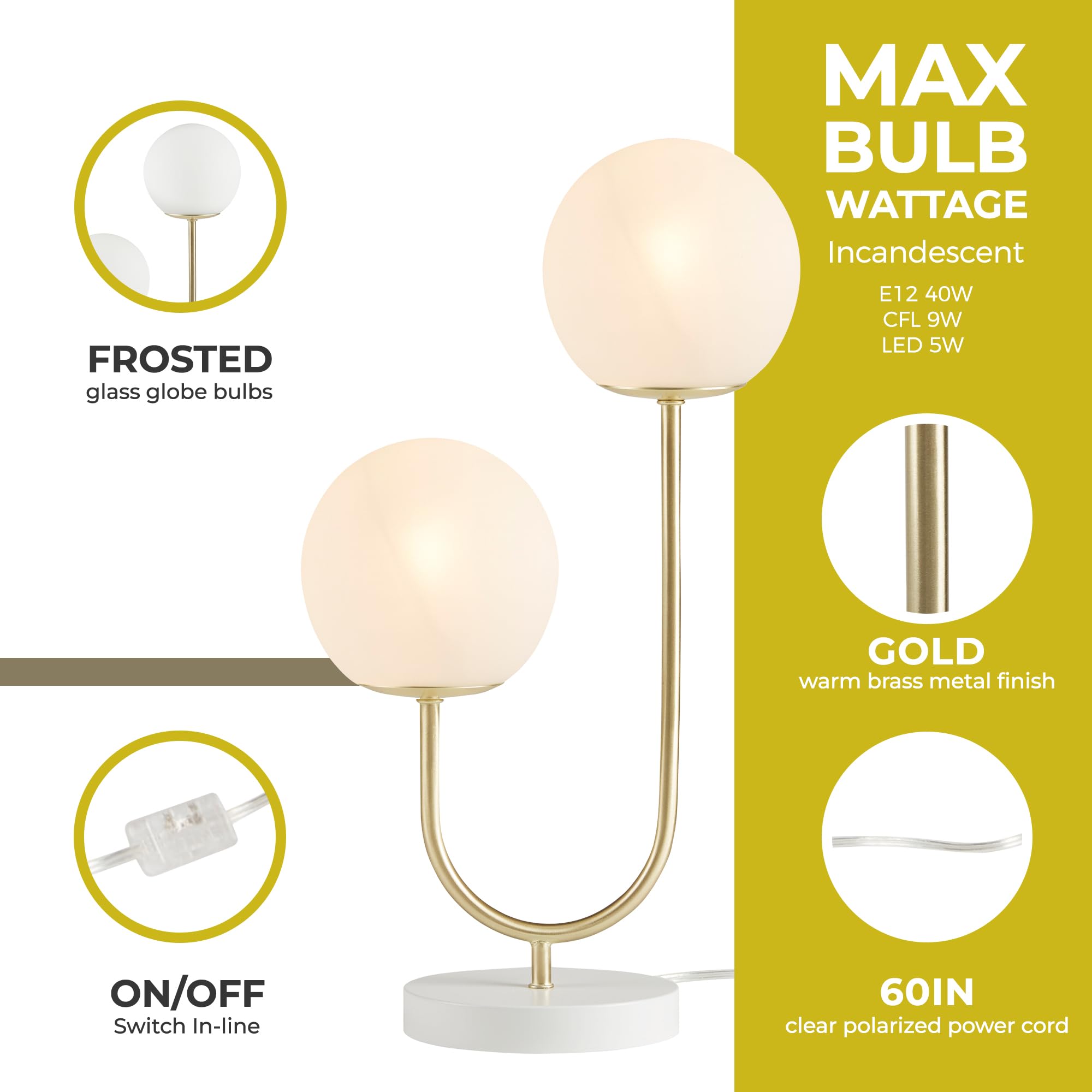 510 DESIGN Table Lamp for Bedroom - Metal Gold Nightstand Lamp, Frosted Glass Globes Modern Bedside Lamp w/White Base, Clear Polarized Cord & in Line Switch, Accent Lamp Decor, 20" H Gold/White