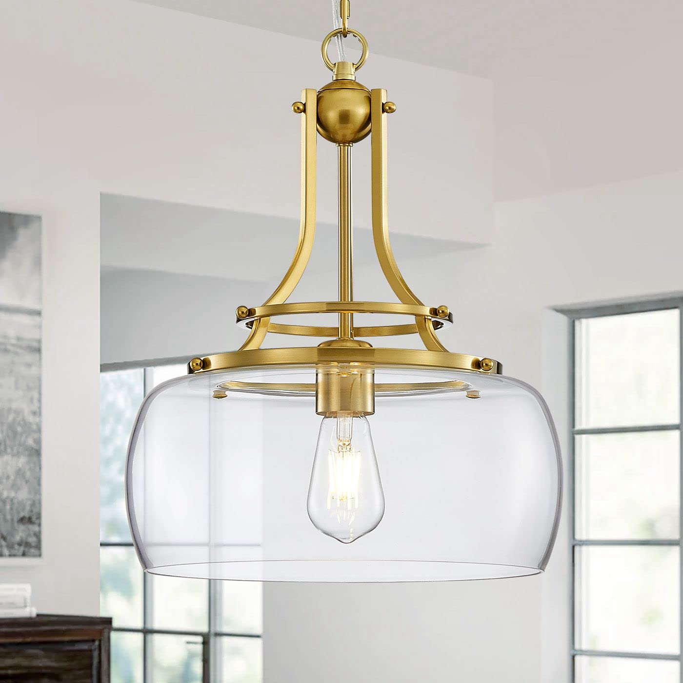 Chandelier Rustic Farmhouse Industrial Round Ceiling Pendant LED Light Fixture Clear Seeded Glass Shade for Dining Room Kitchen Island Foyer Entryway, H 20.9" x W 15.9", Gold