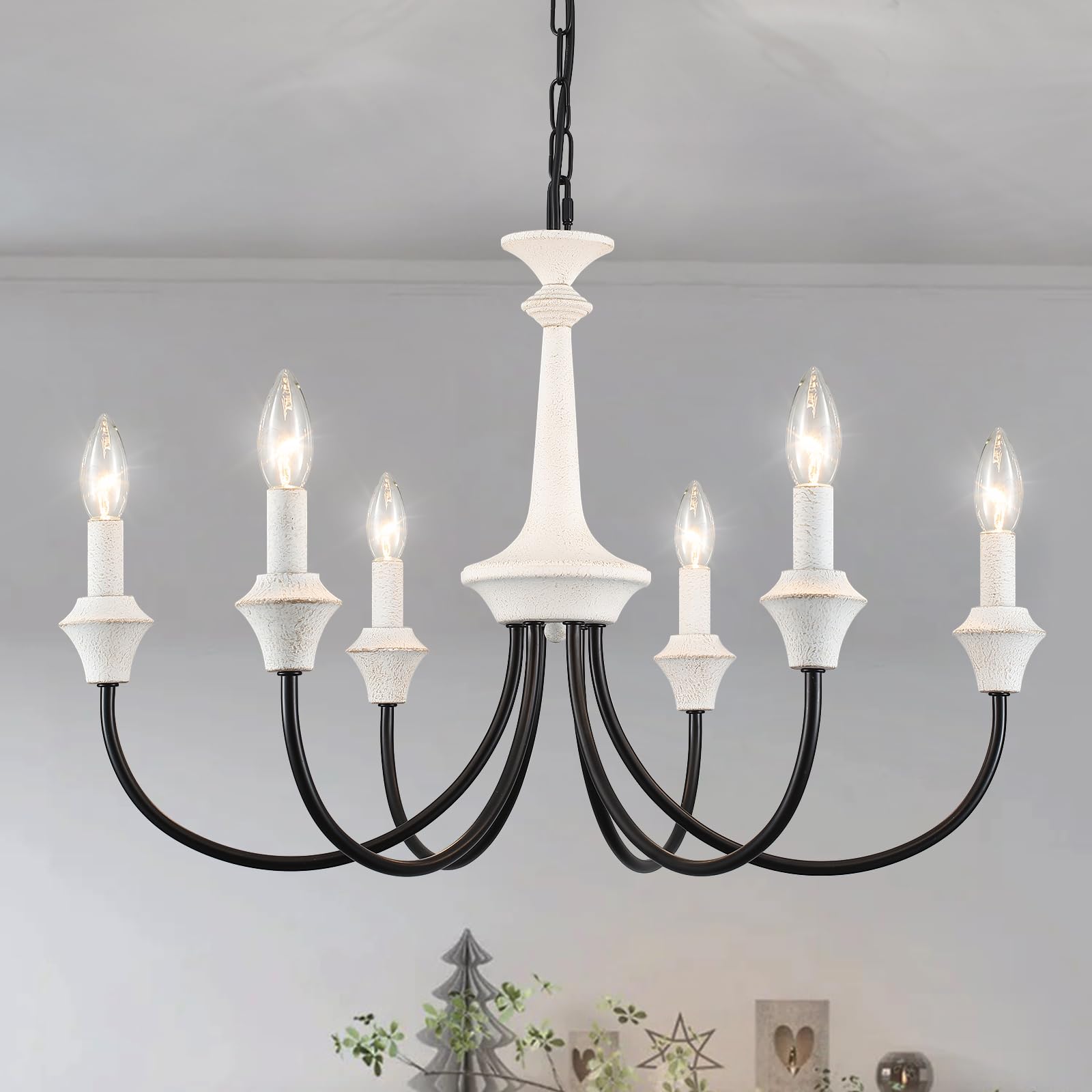 6 Light Distressed French Country Chandelier Rustic Antique White Farmhouse Chandelier for Dining Room Light Fixture Hanging Candle Pendant Lighting for Kitchen Island Living Room Bedroom Foyer