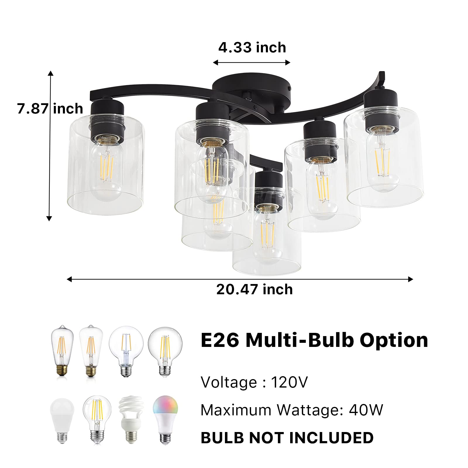 Semi Flush Mount Ceiling Light, 3-Light Close to Ceiling Light Fixtures, Black Kitchen Light Fixtures with Clear Glass Shades, Hallway Light Fixtures Ceiling Mount for Foyer Entryway