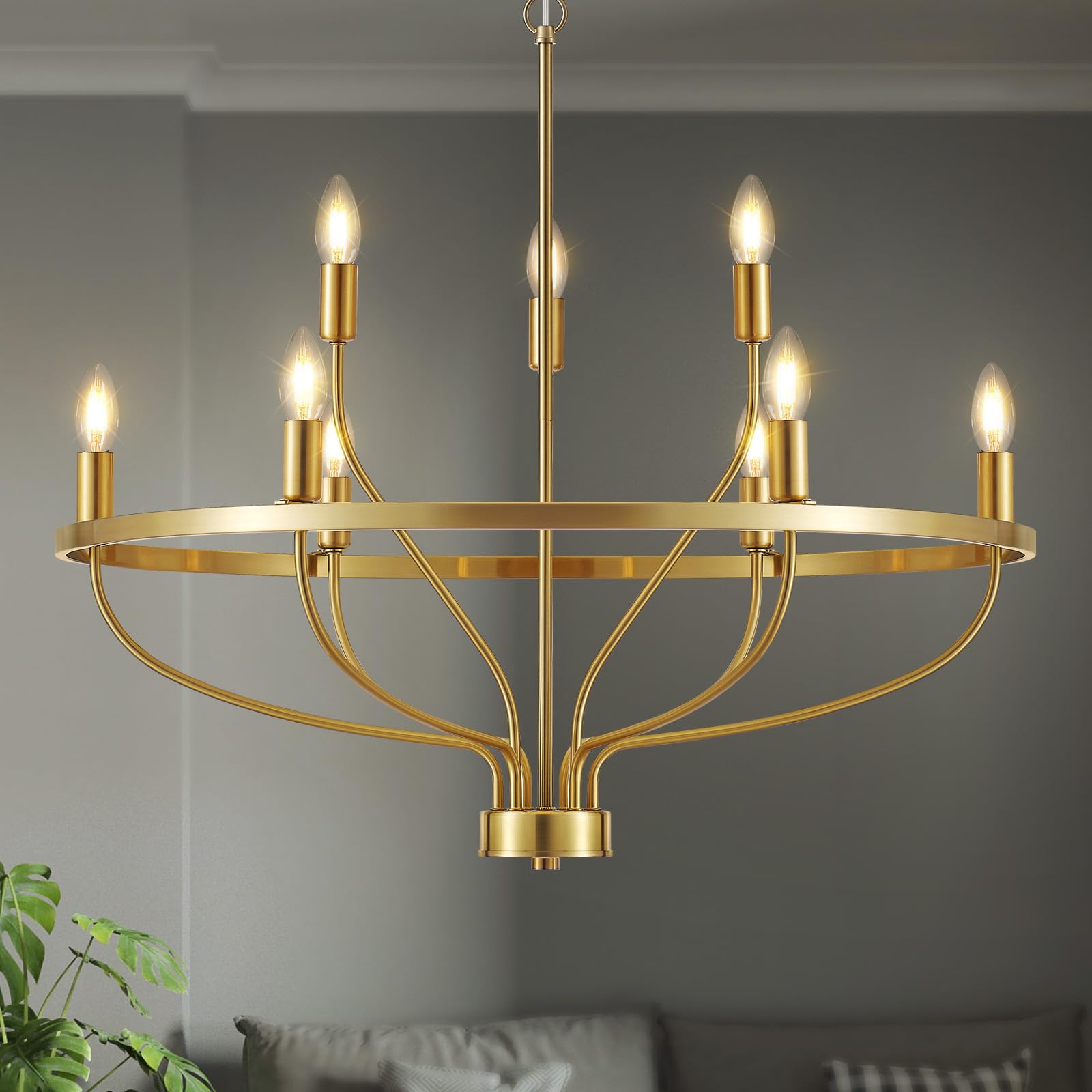 Modern Gold Chandelier Vintage 9-Lights Mid Century Modern Candle Style Chandelier Light Fixture Rustic Industrial Golden Chandelier for Dining Room, Kitchen Island, Living Room, E12