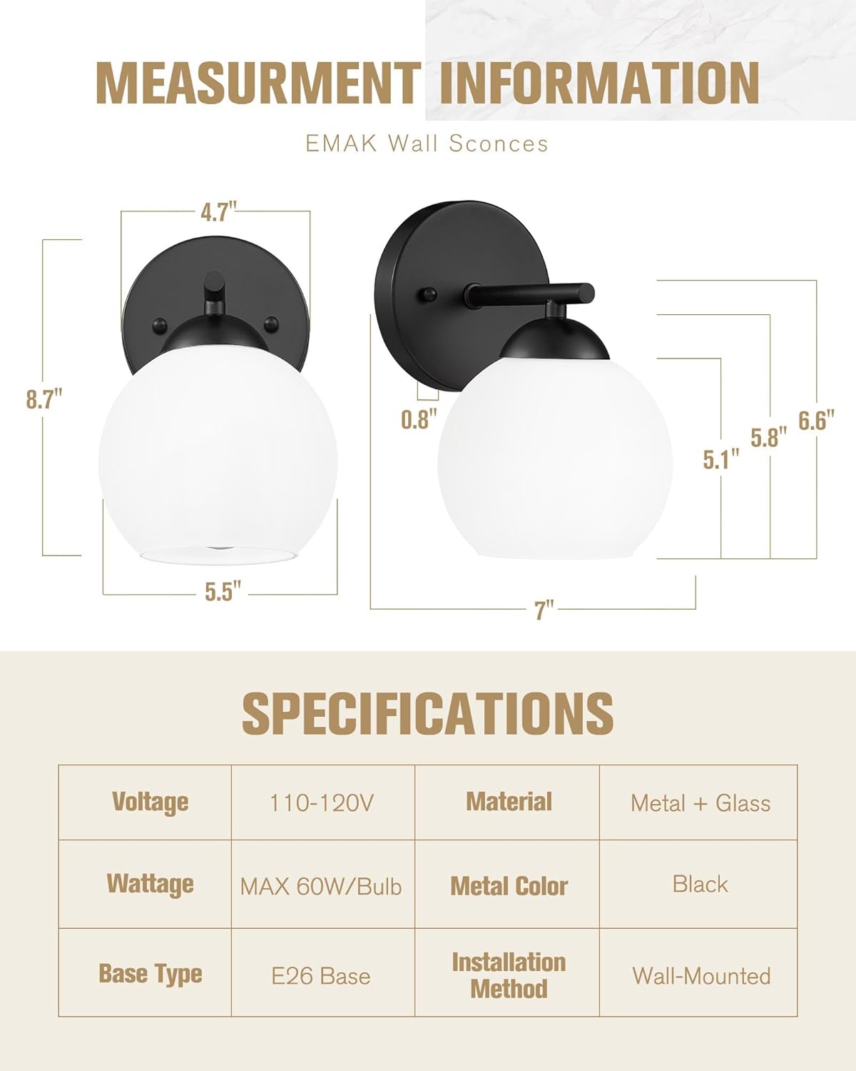 Black Vanity Lights for Mirror, Modern Farmhouse 2-Light Bathroom Light Fixtures Globe Bathroom Vanity Light with Milk Glass Shade, VL114-BK-ML-2