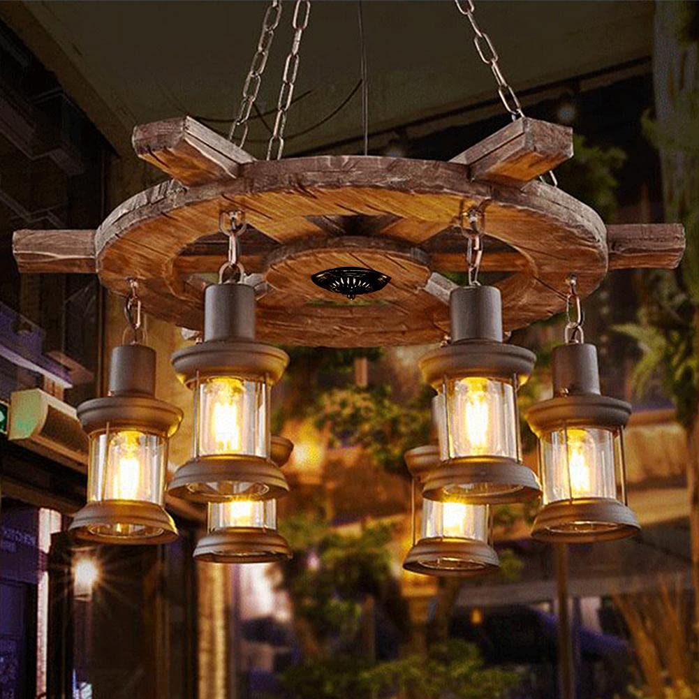 8 Lights Industrial Retro Wooden Chandelier Pendant Light Island Hanging Ceiling Fixture Vintage Farmhouse Wood Light Adjustable Chain for Home Cafe Bar Restaurant (39.4")