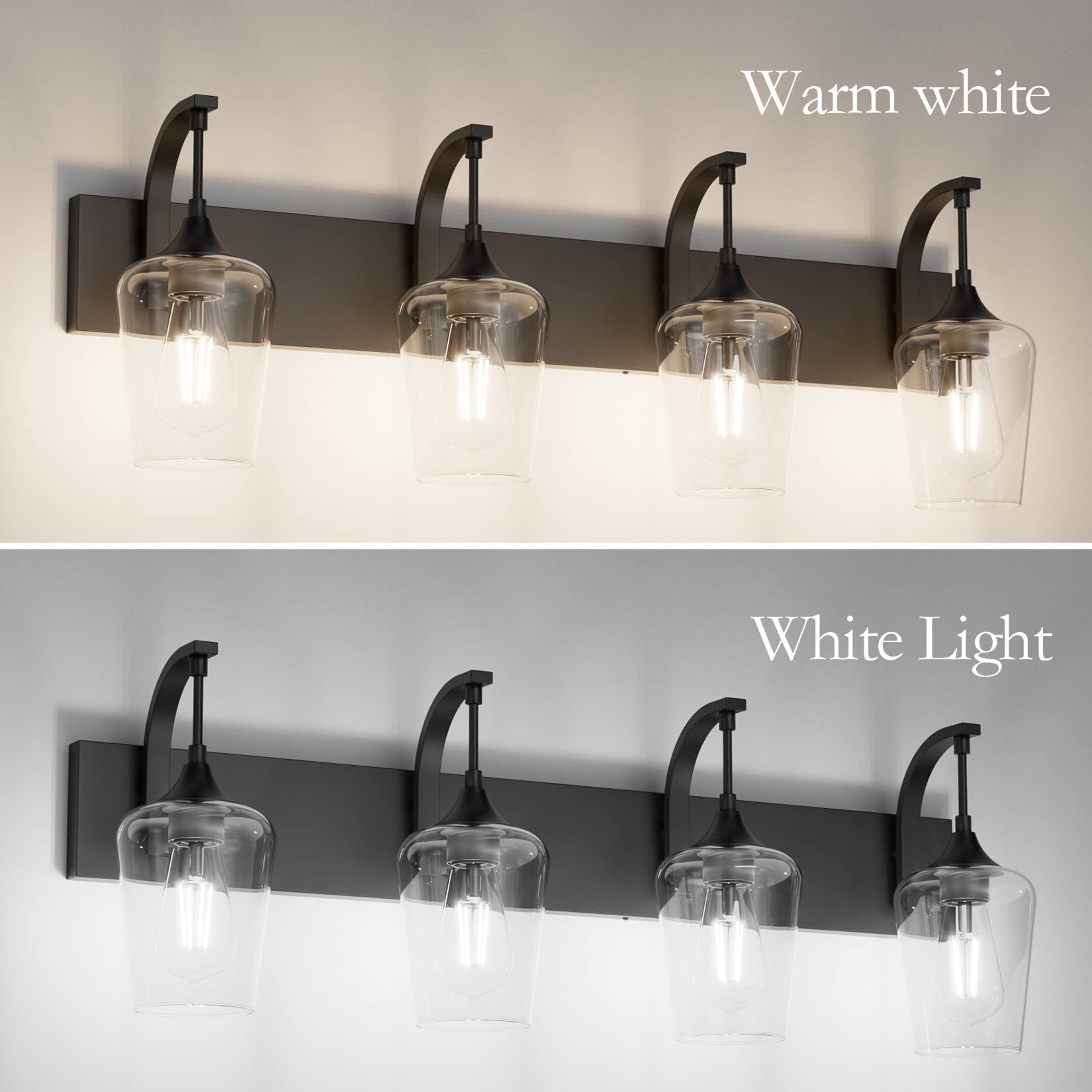 Matte Black Bathroom Vanity Light 4-Lights Industrial Black Vanity Lights Clear Glass Vintage Edison Matte Black Wall Mount Light Fixtures for Bathroom